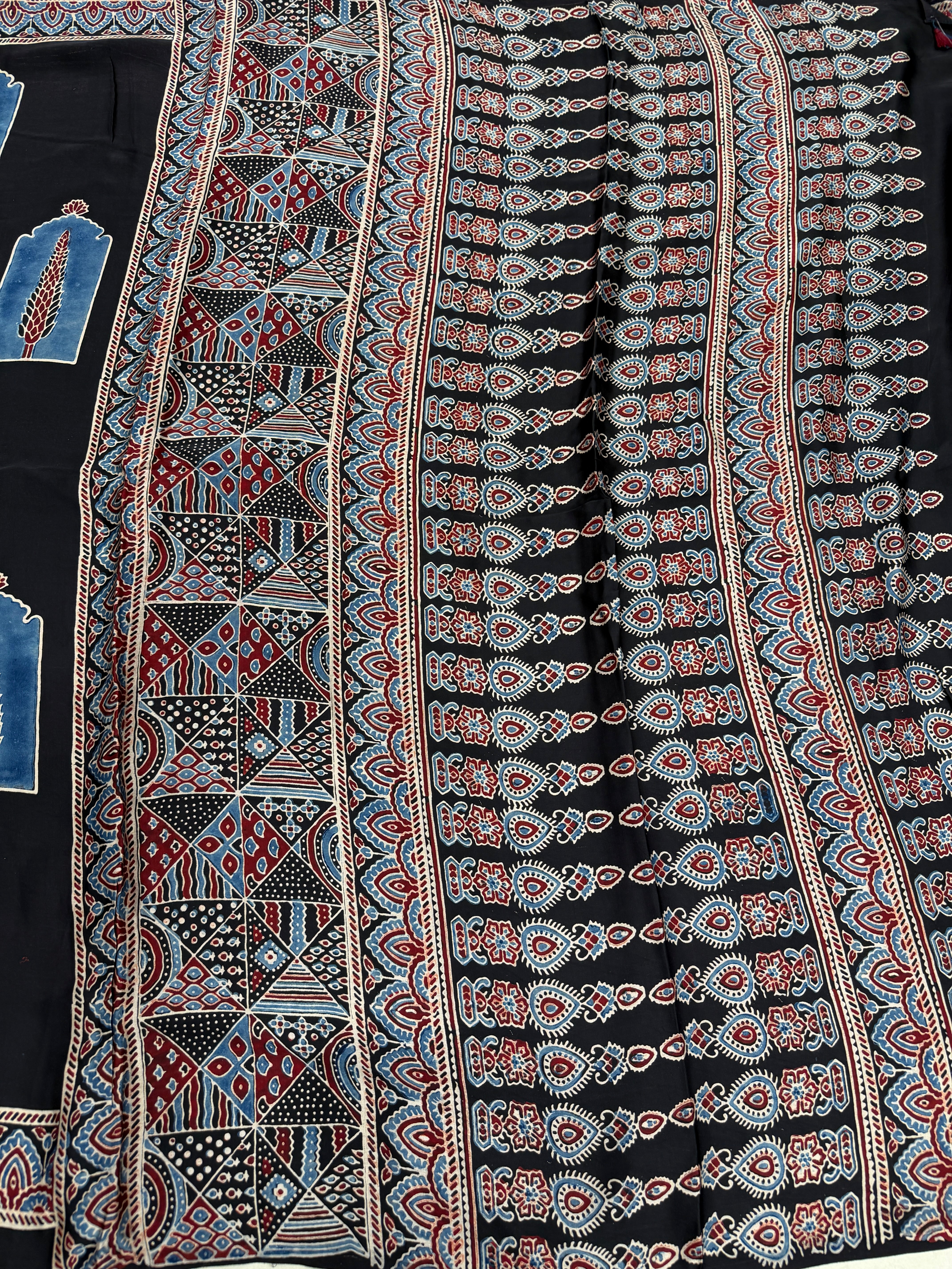 Black Contemporary Buttas Ajrakh Hand Block Print Pure Gajji Silk Saree