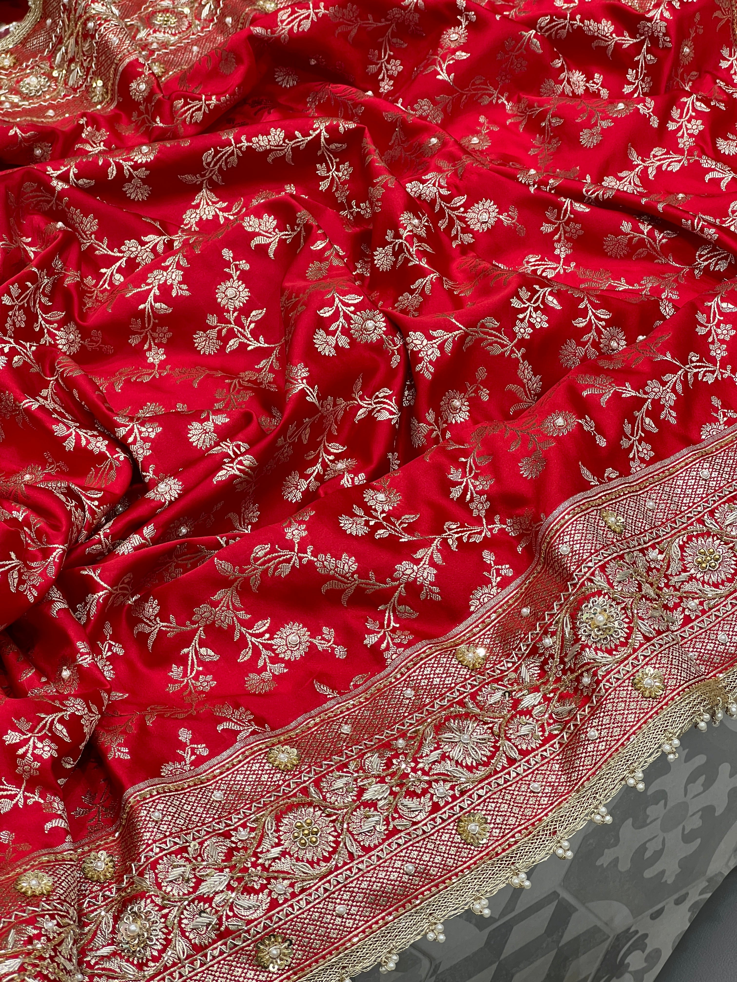 Red Banarasi Jaal Sequin Zardosi Embroidery Saree