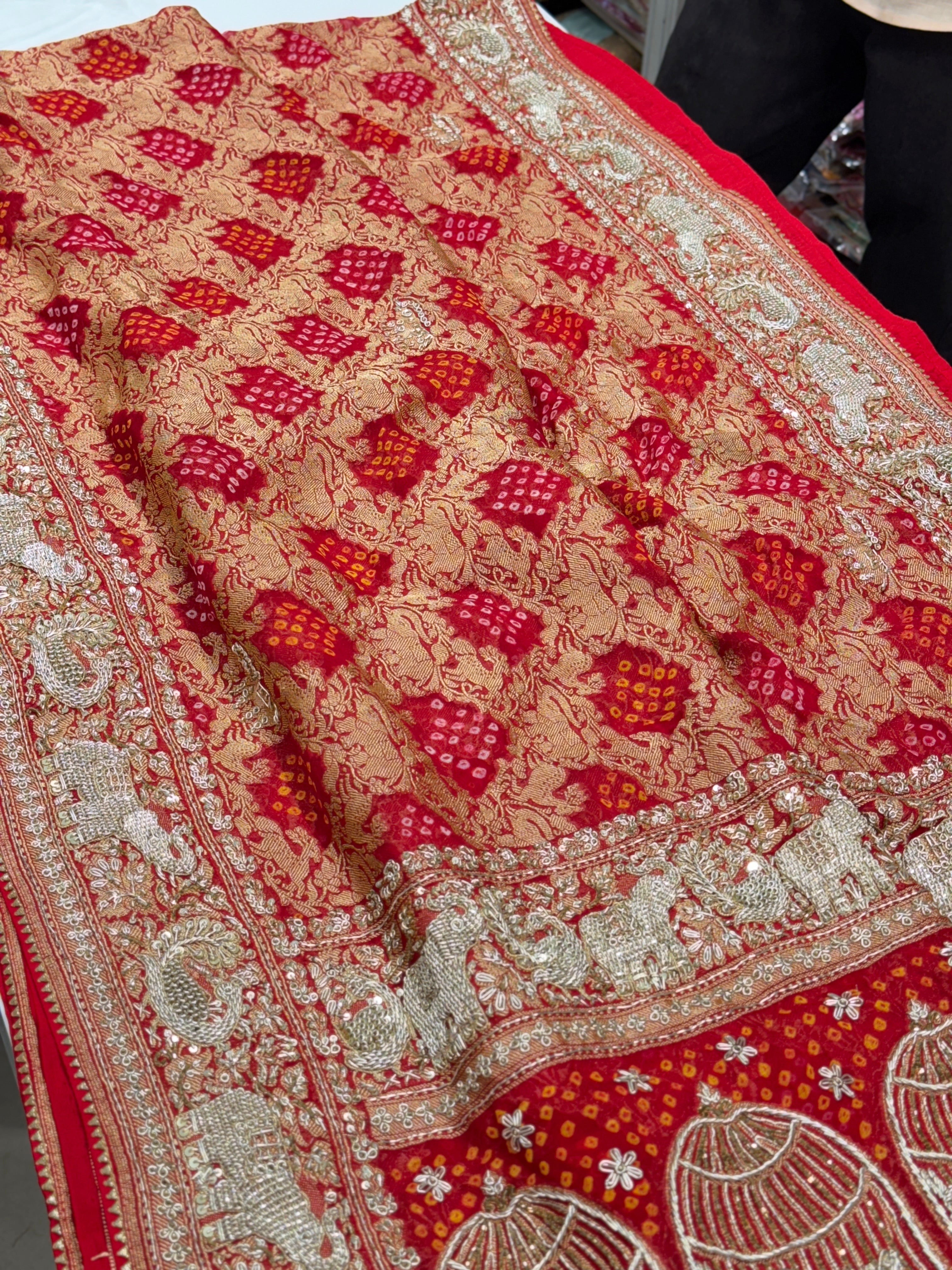 Red Bandhej Zardosi Saree