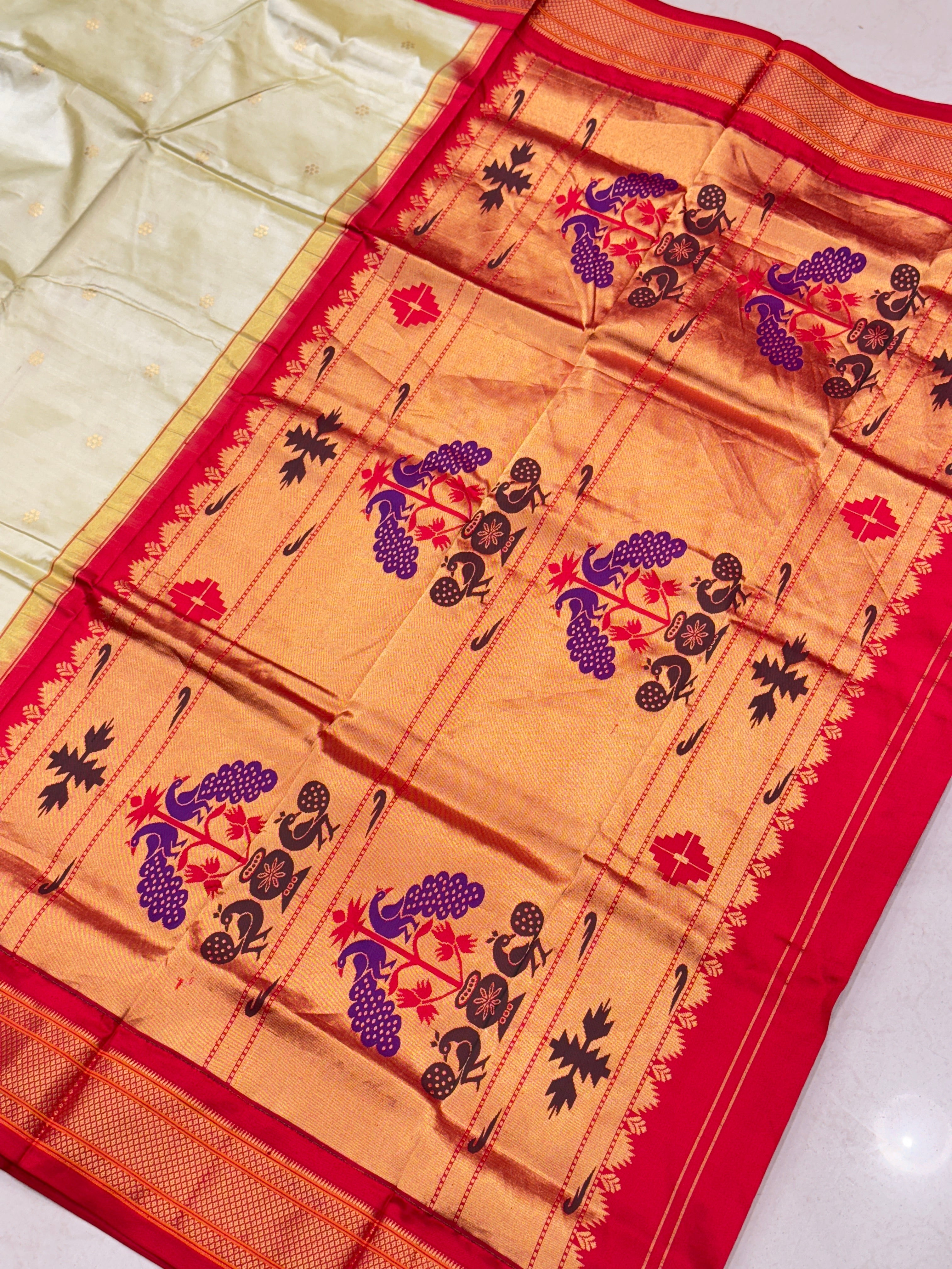 Beige Red Pure Silk Paithani Saree