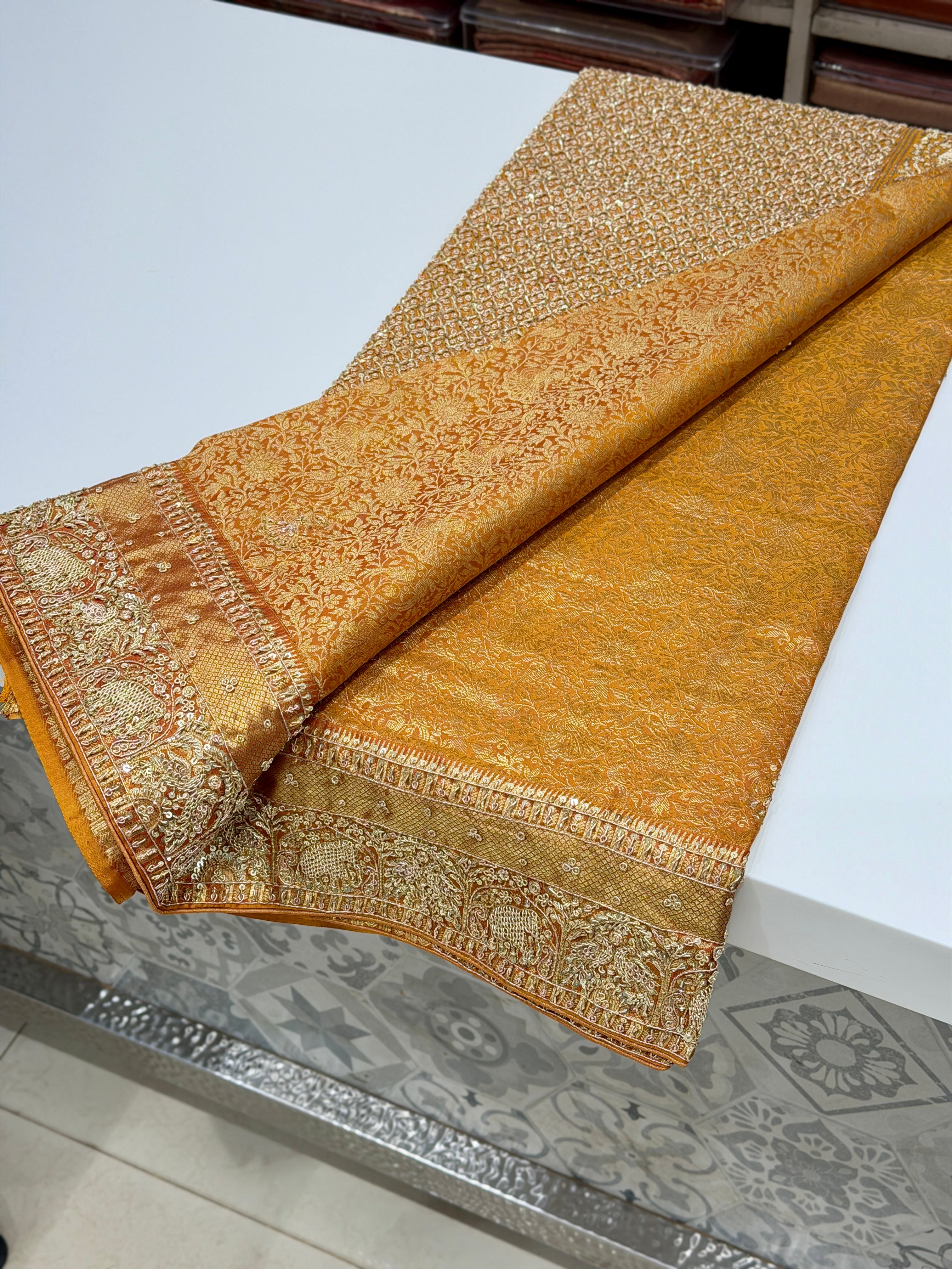Mustard Yellow Kanjivaram Peacock Motif Hand Embroidery Zardosi Saree