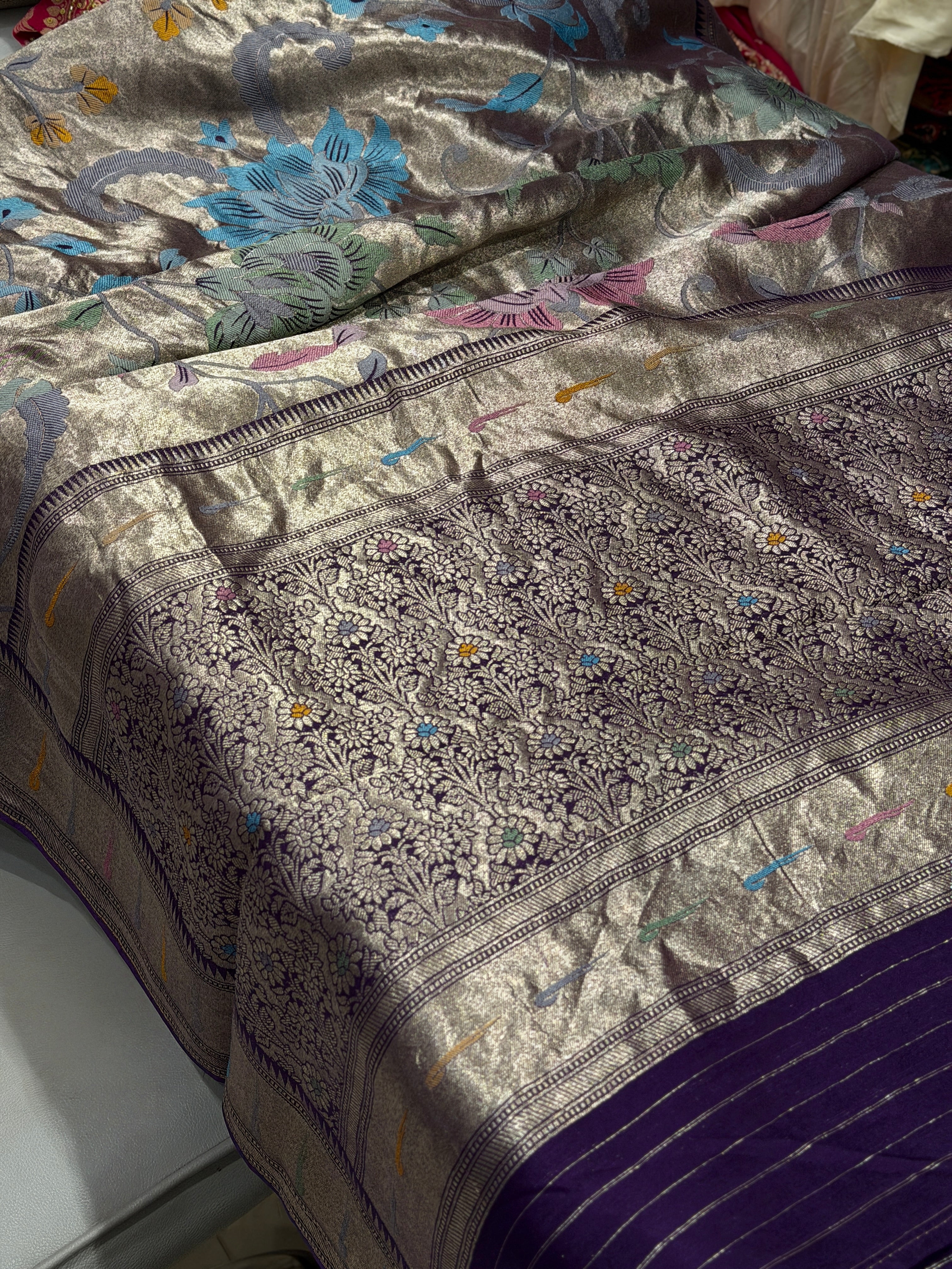 Violet Silver Meenakari Muniya Tissue Munga Banarasi Paithani Saree