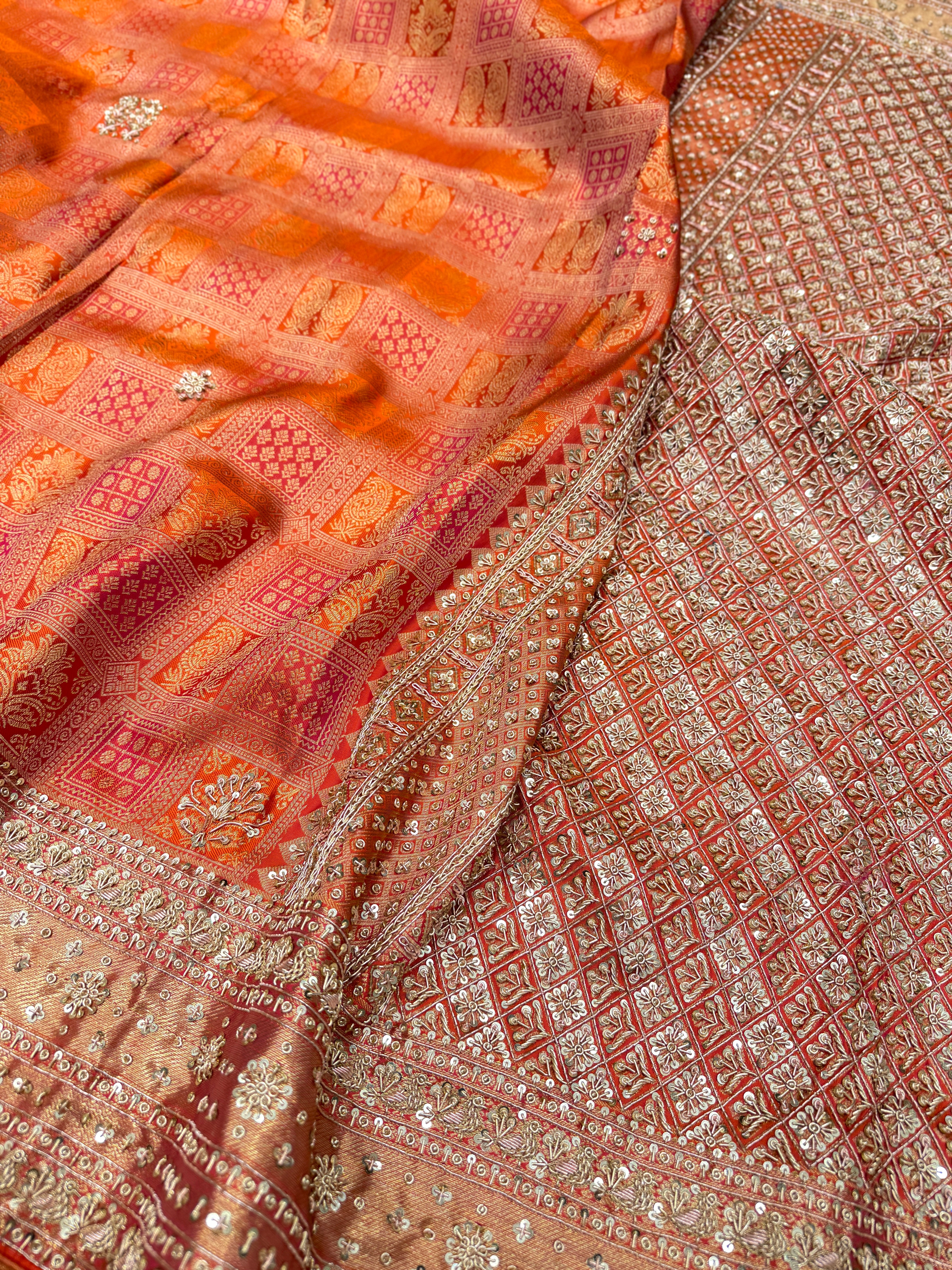 Orange Kanjivaram Zardosi Hand Embroidery Saree