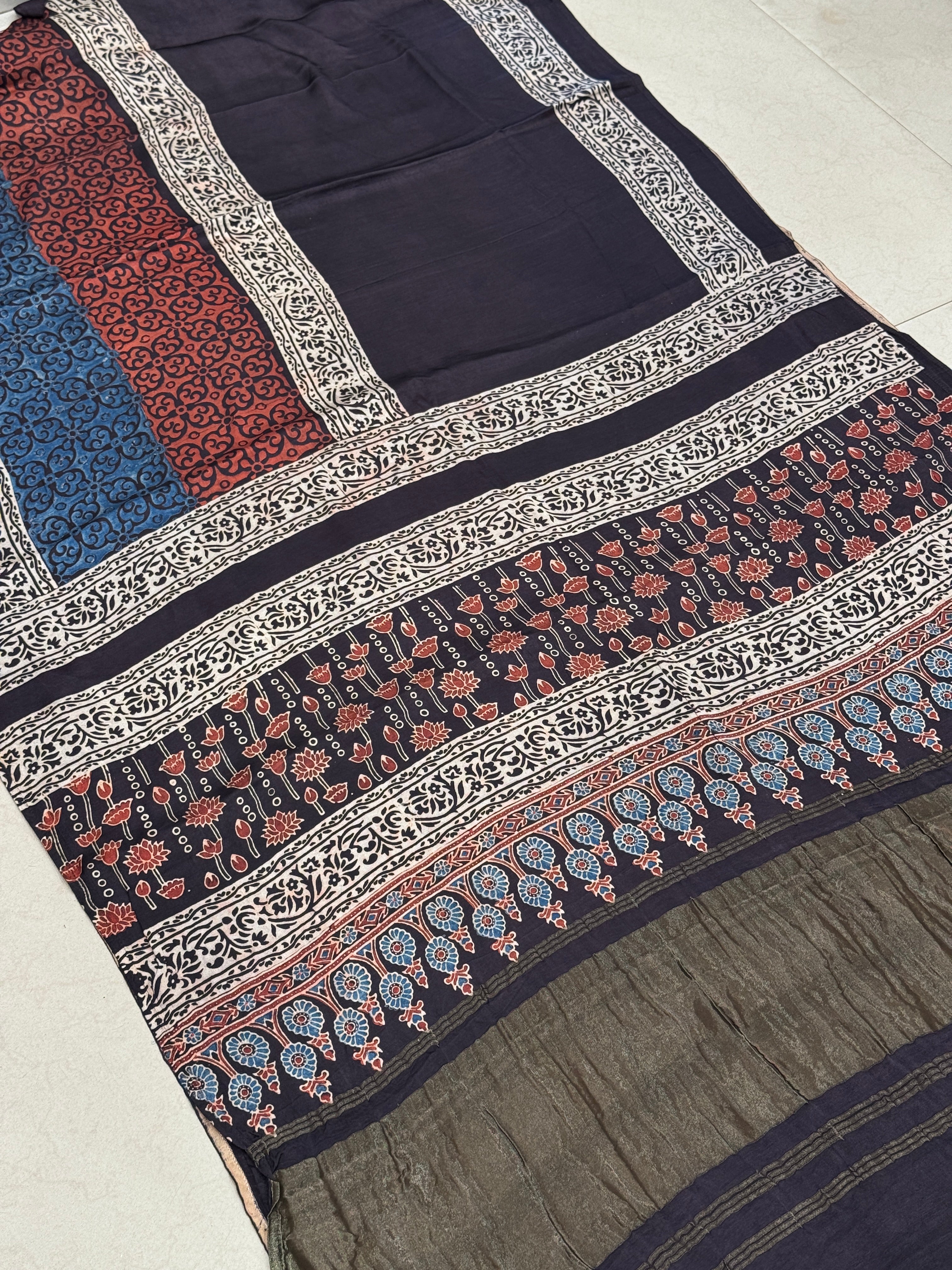 Black Multi Lagdi Patta Ajrakh Saree Modal Gajji Silk Hand Block Print