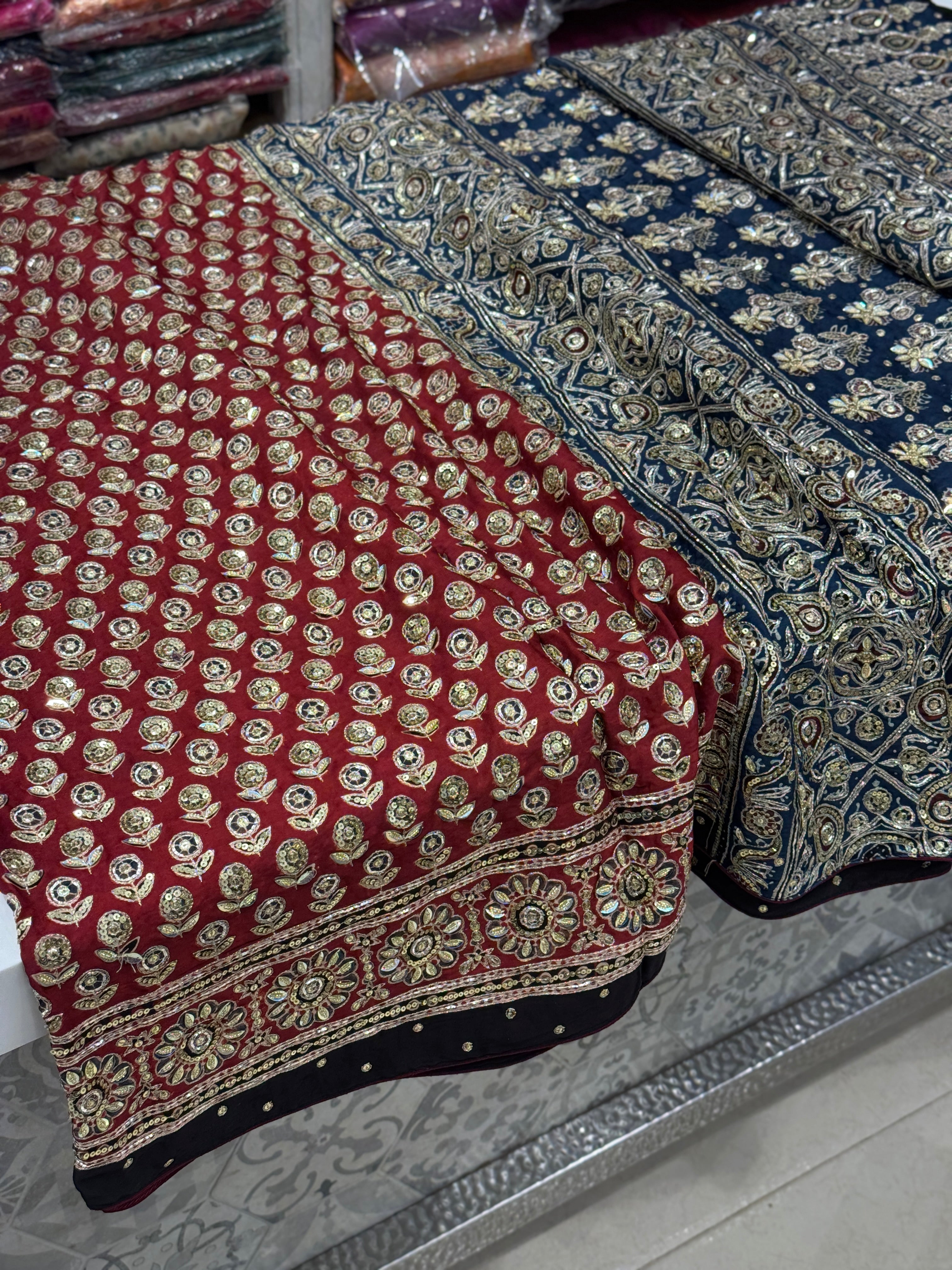 Red Buttis Pita Zardosi Sequin Ajrakh Hand Embroidery Saree