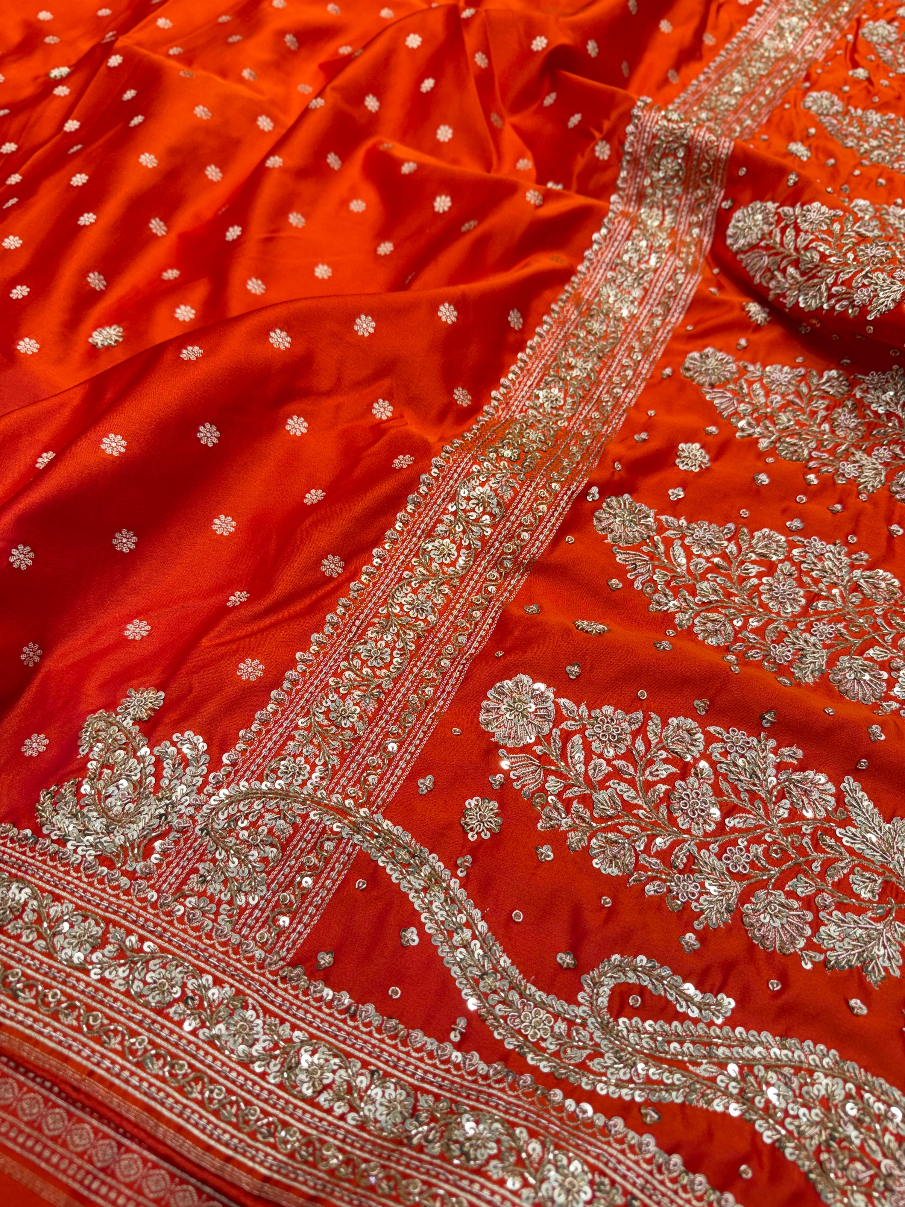 Rust Orange Banarasi Buttis Zardosi Hand Embroidery Saree