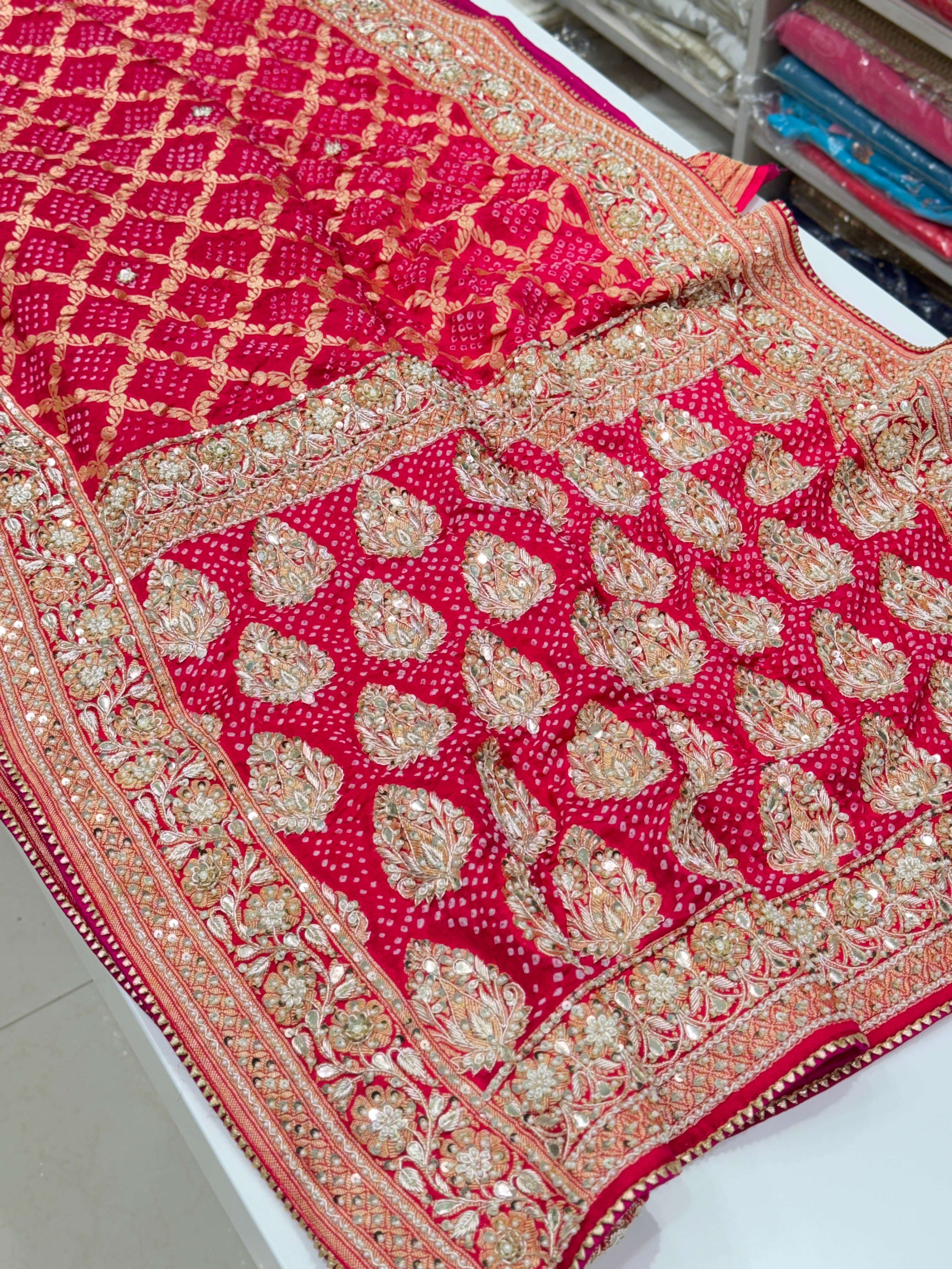 Strawberry Pink Bandhej Embroidery Saree