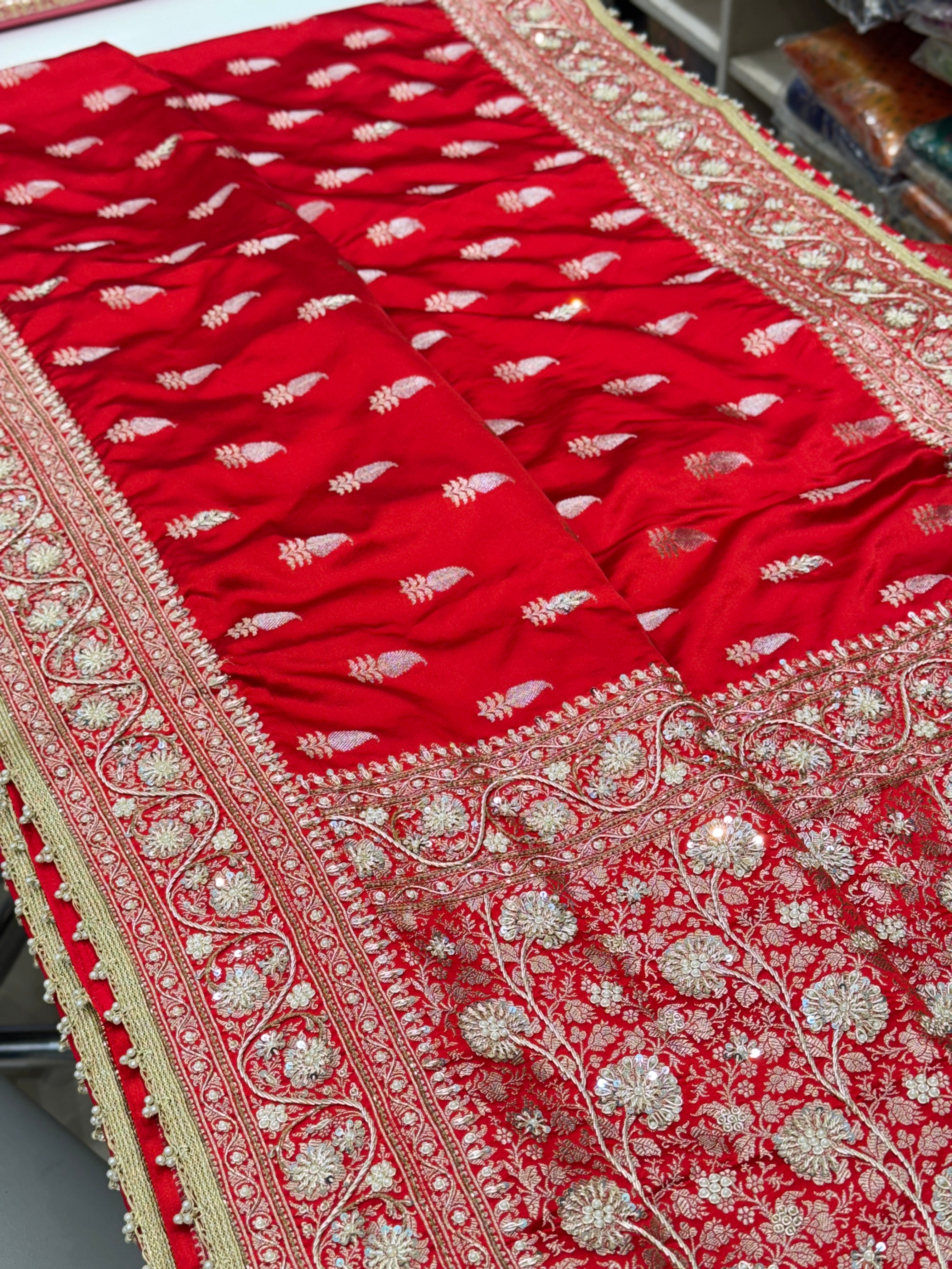 Red Banarasi Japanese Butti Zardosi Hand Embroidery Saree