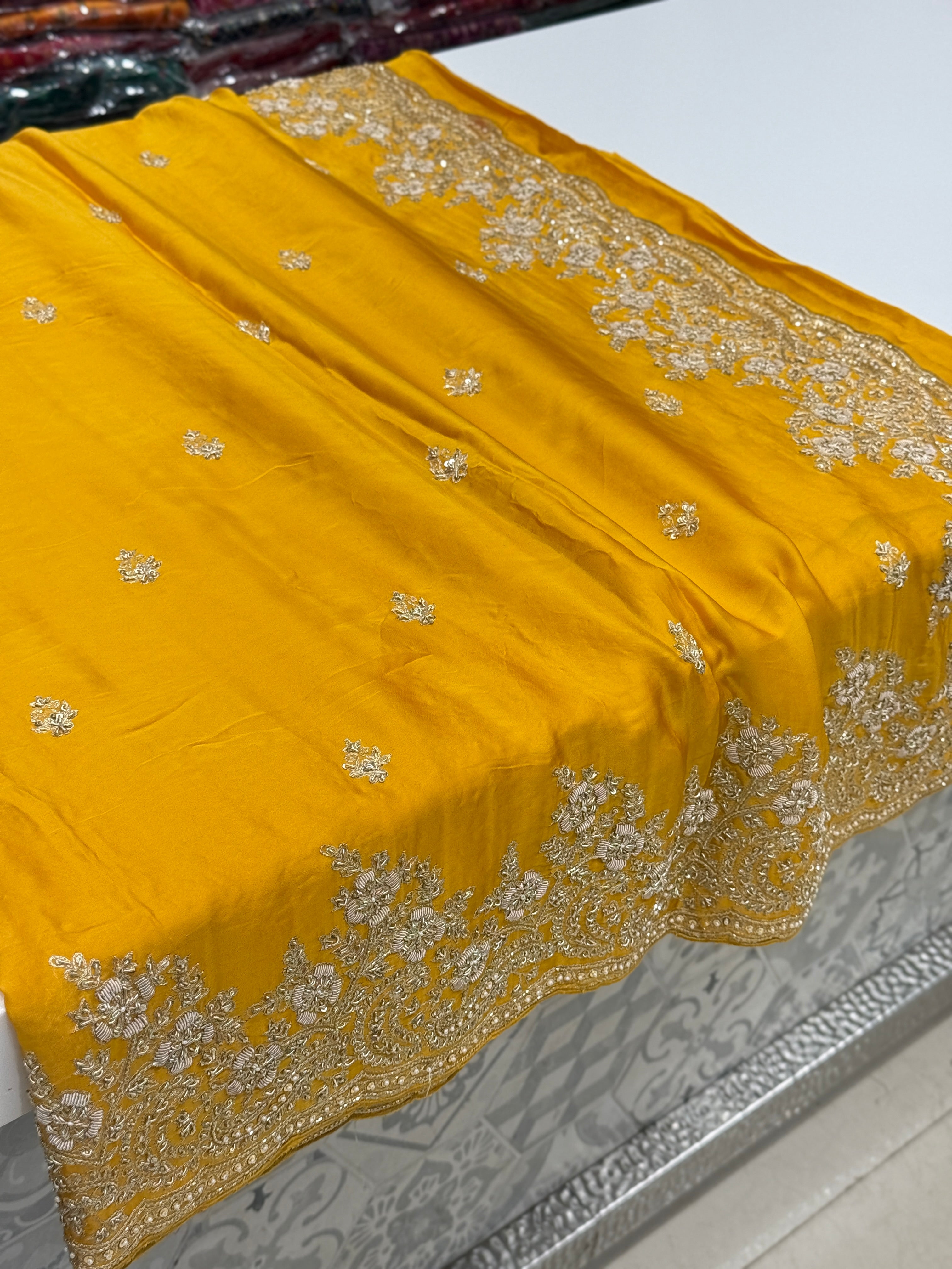 Mustard Yellow Buttis Pure Satin Hand Embroidery Zardosi Saree