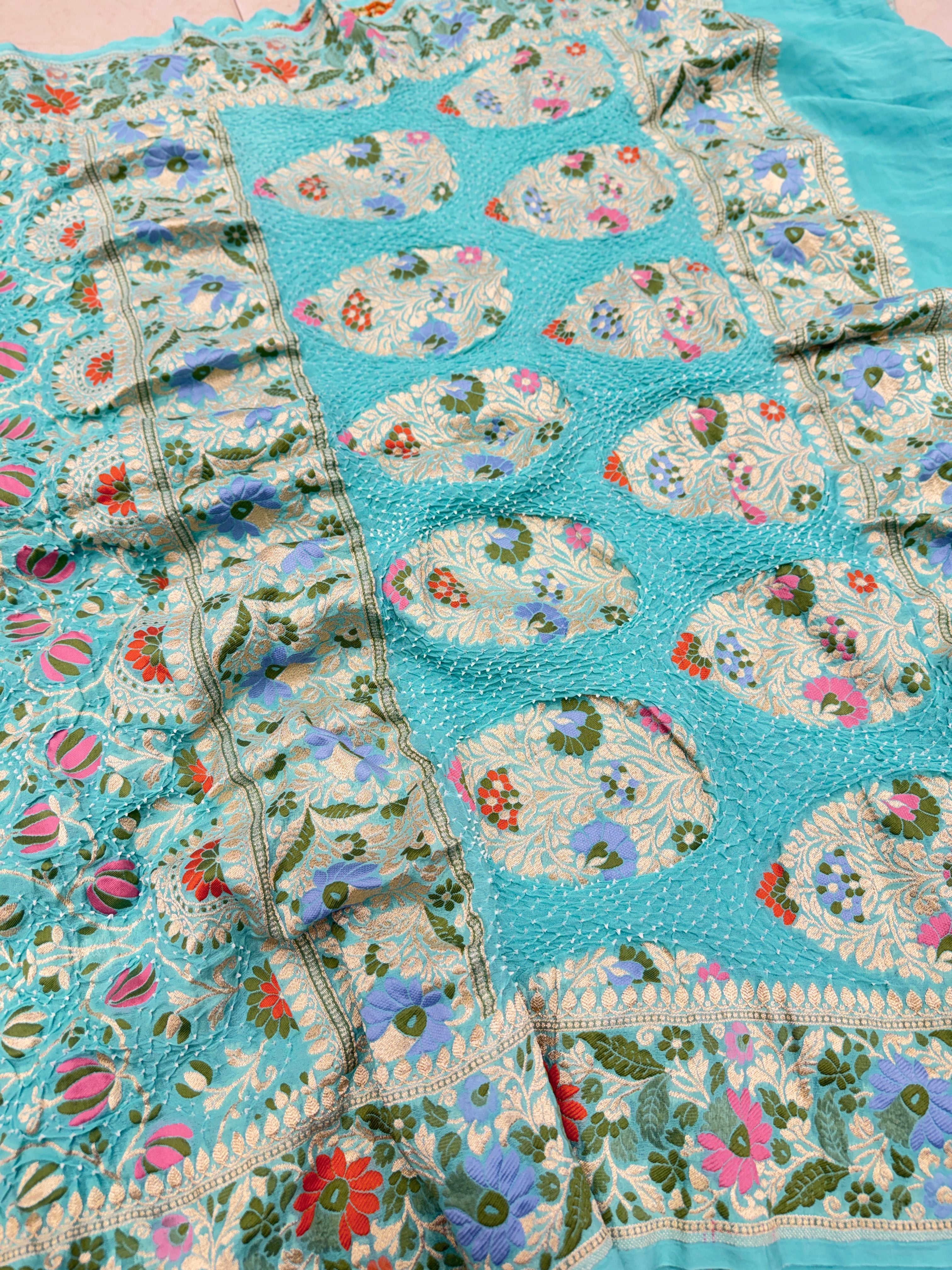 Turquoise Meenakari Jaal Pure Handloom Georgette Bandhej Georgette Saree