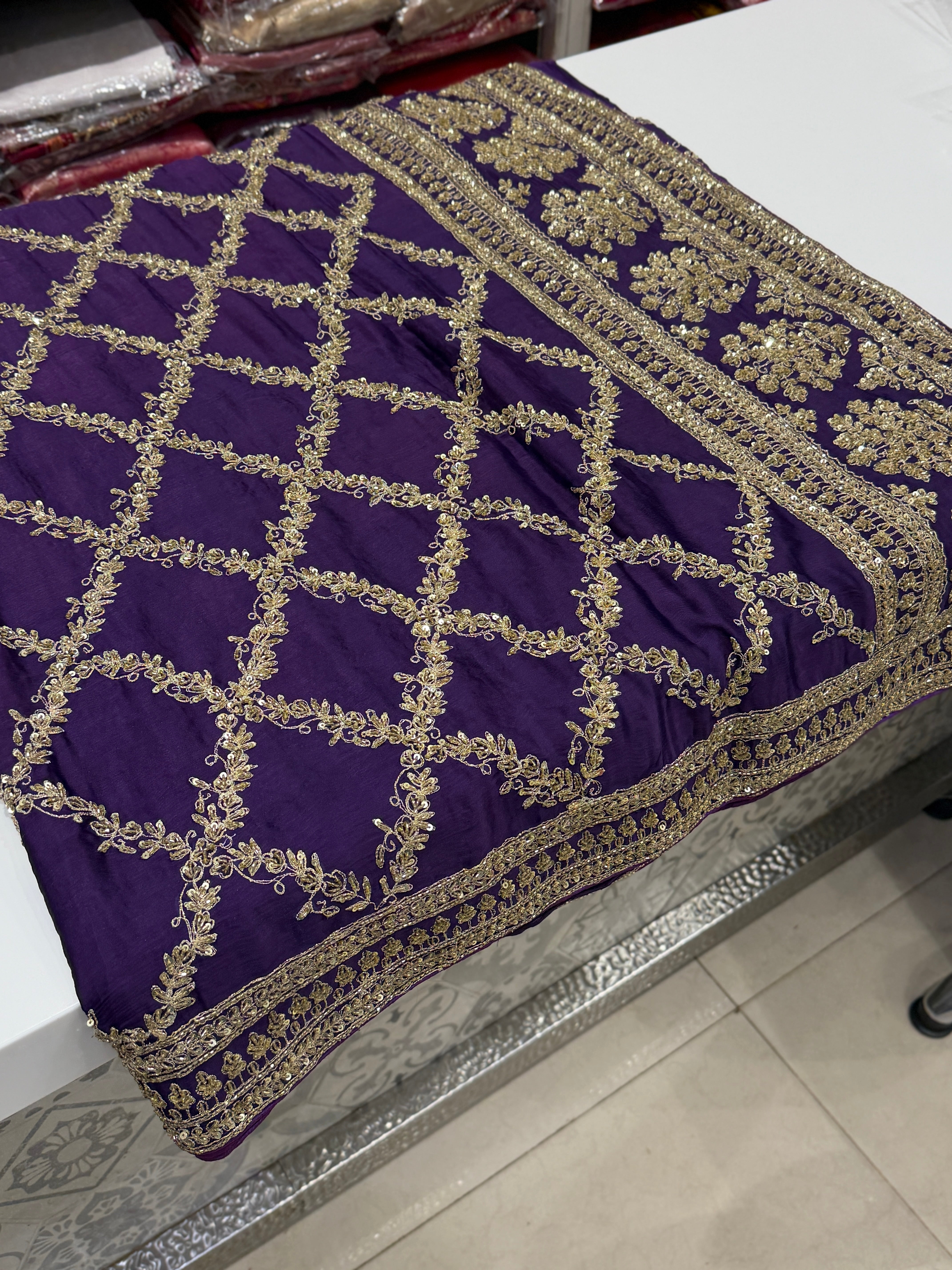 Violet Crepe Satin Sabyasachi Inspired Zardosi Jaal Embroidery Saree
