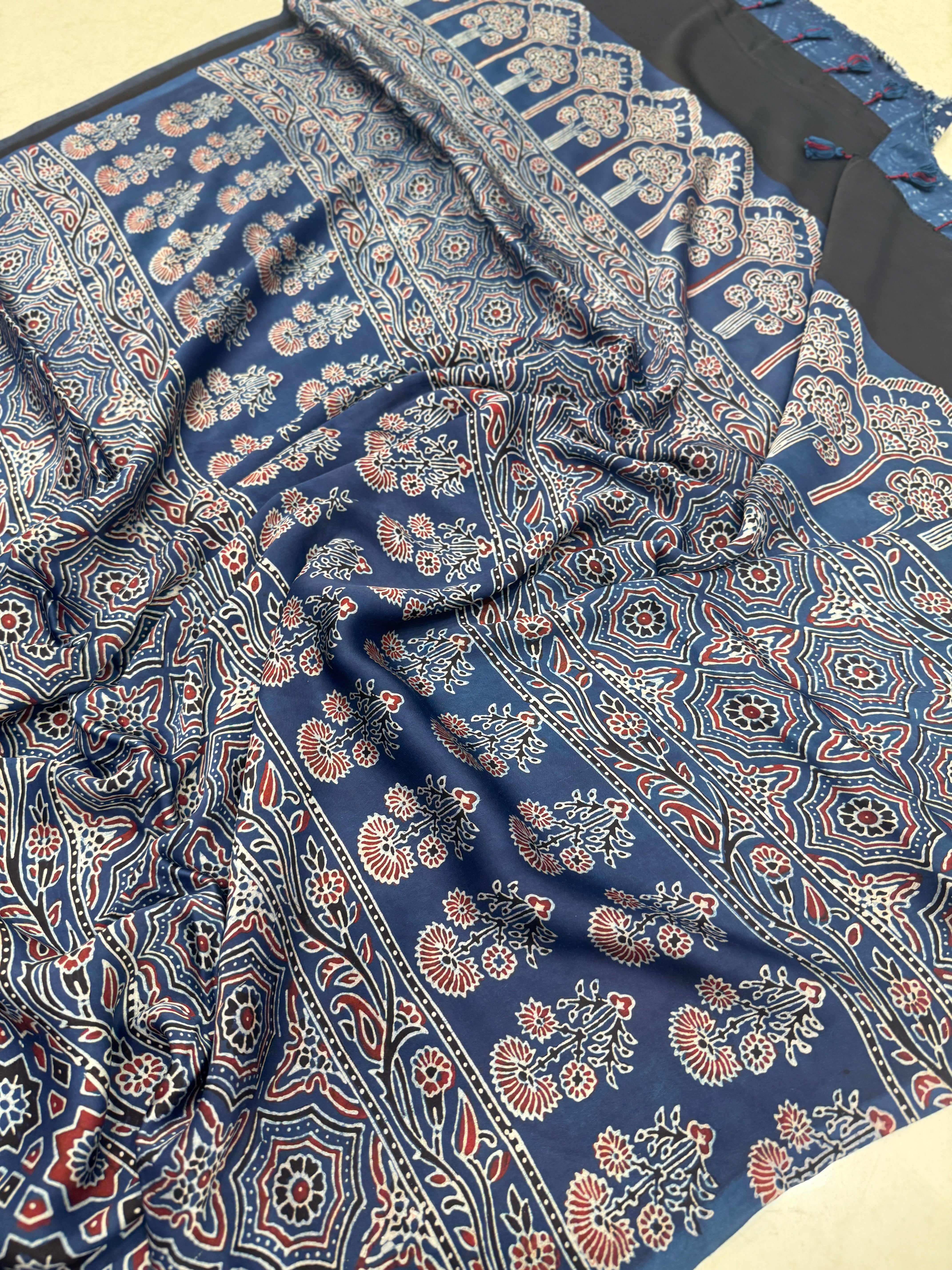 Blue Star Buttas Hand Block Print Ajrkah Pure Gajji Silk Saree