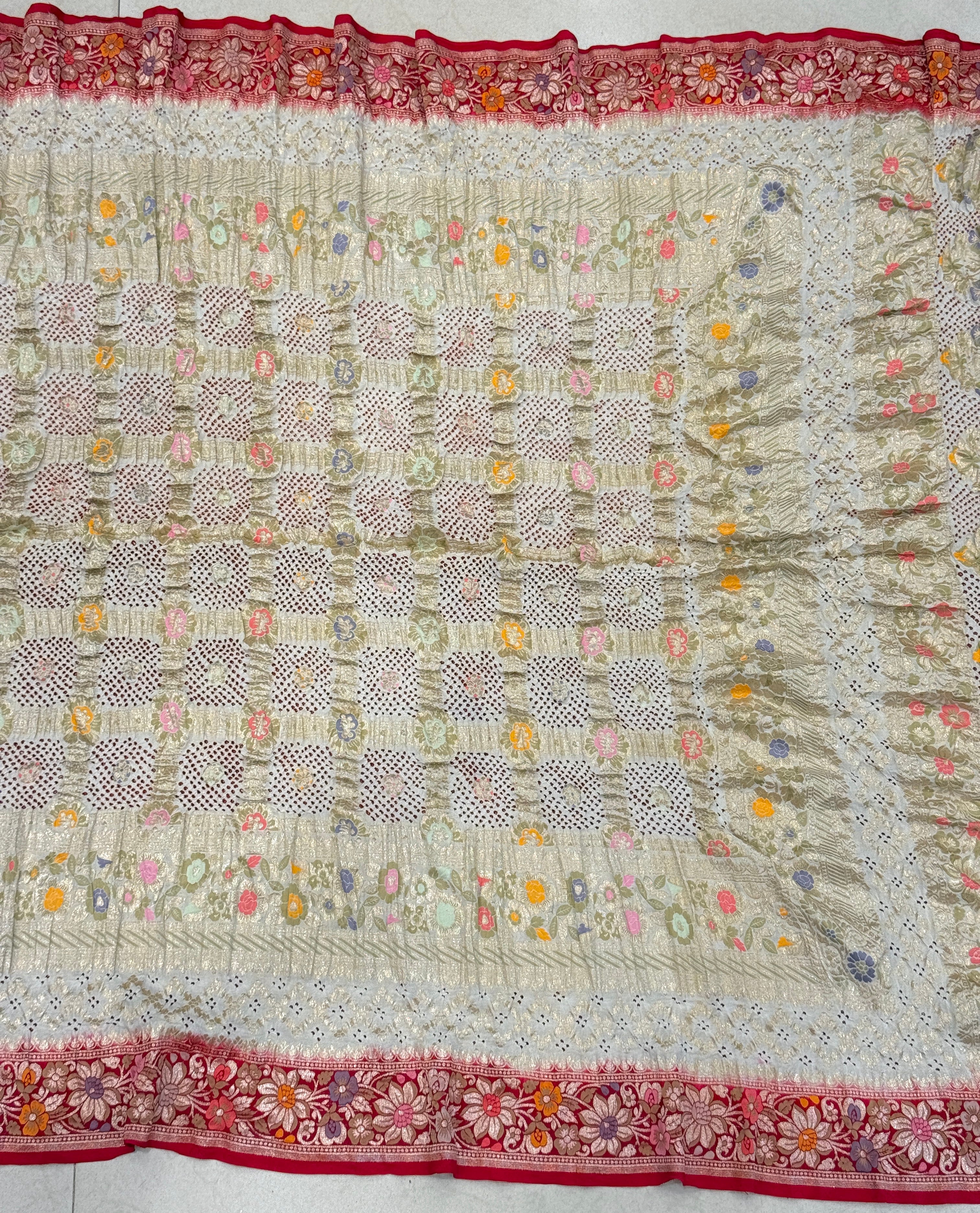 Beige Red Checks Meenakari Handloom Bandhej Dupatta