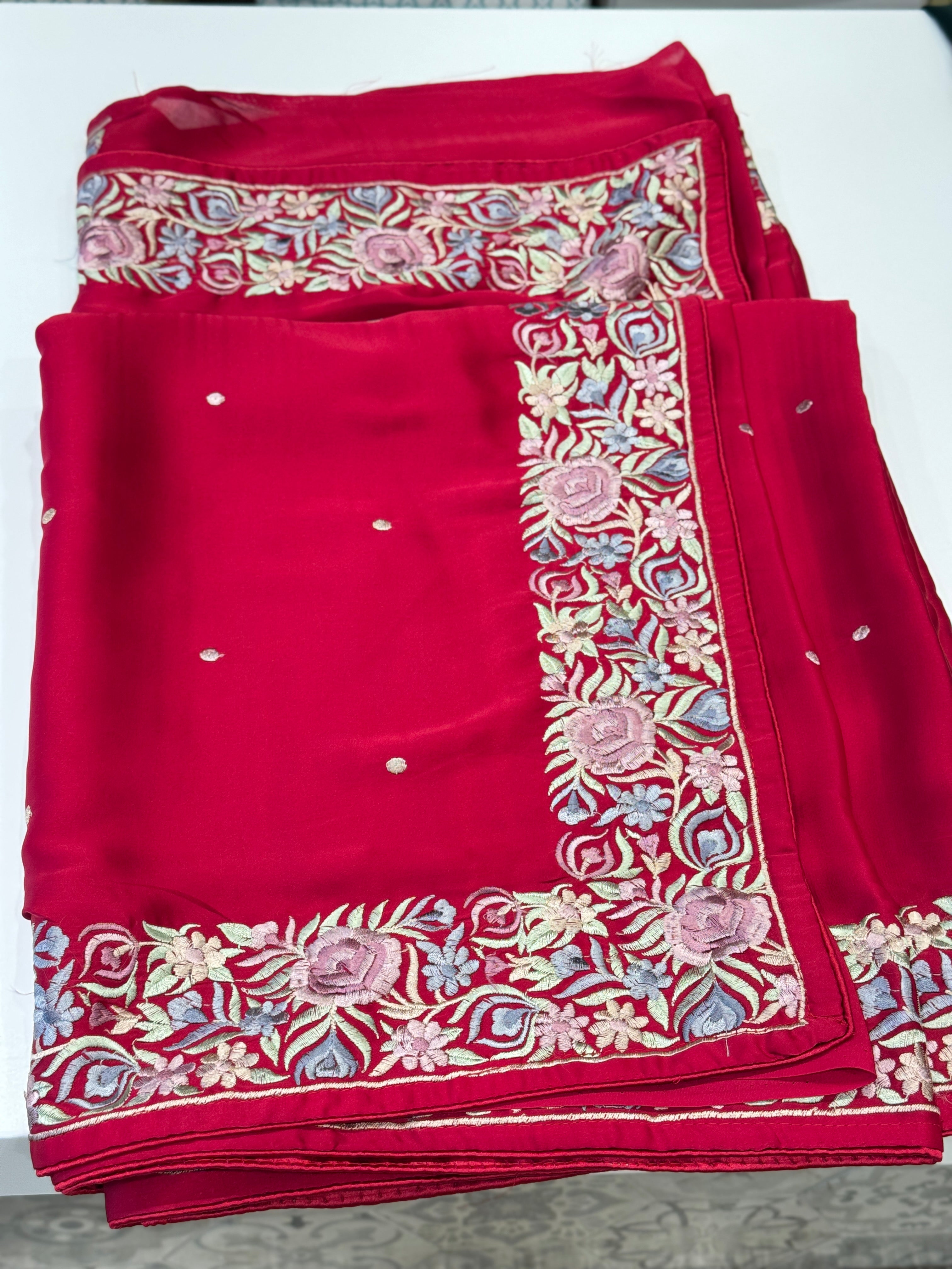 Strawberry Red Satin Parsi Gara Saree