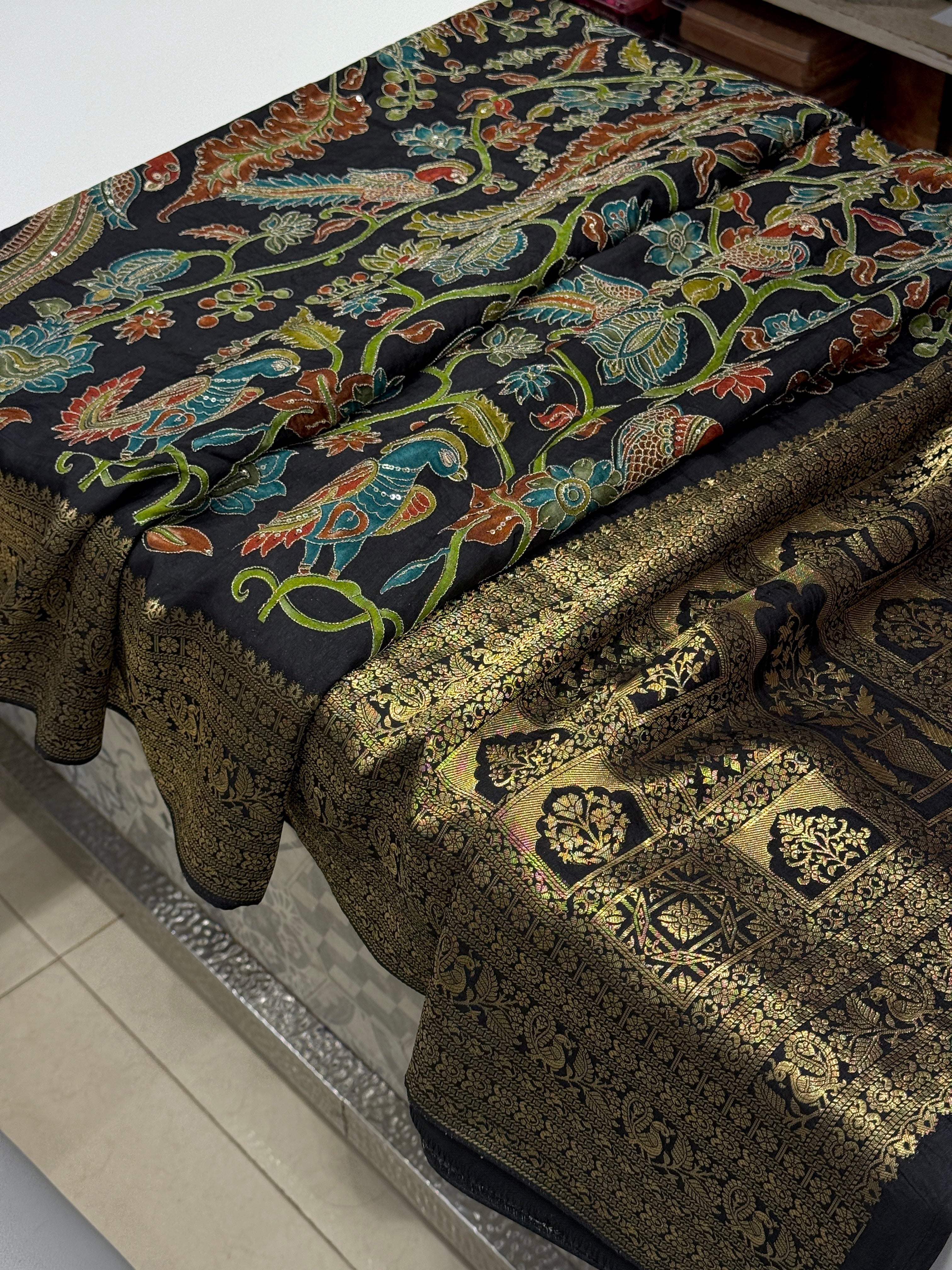 Black Kalamkari Weave Banarasi Munga Pita Embroidery Saree