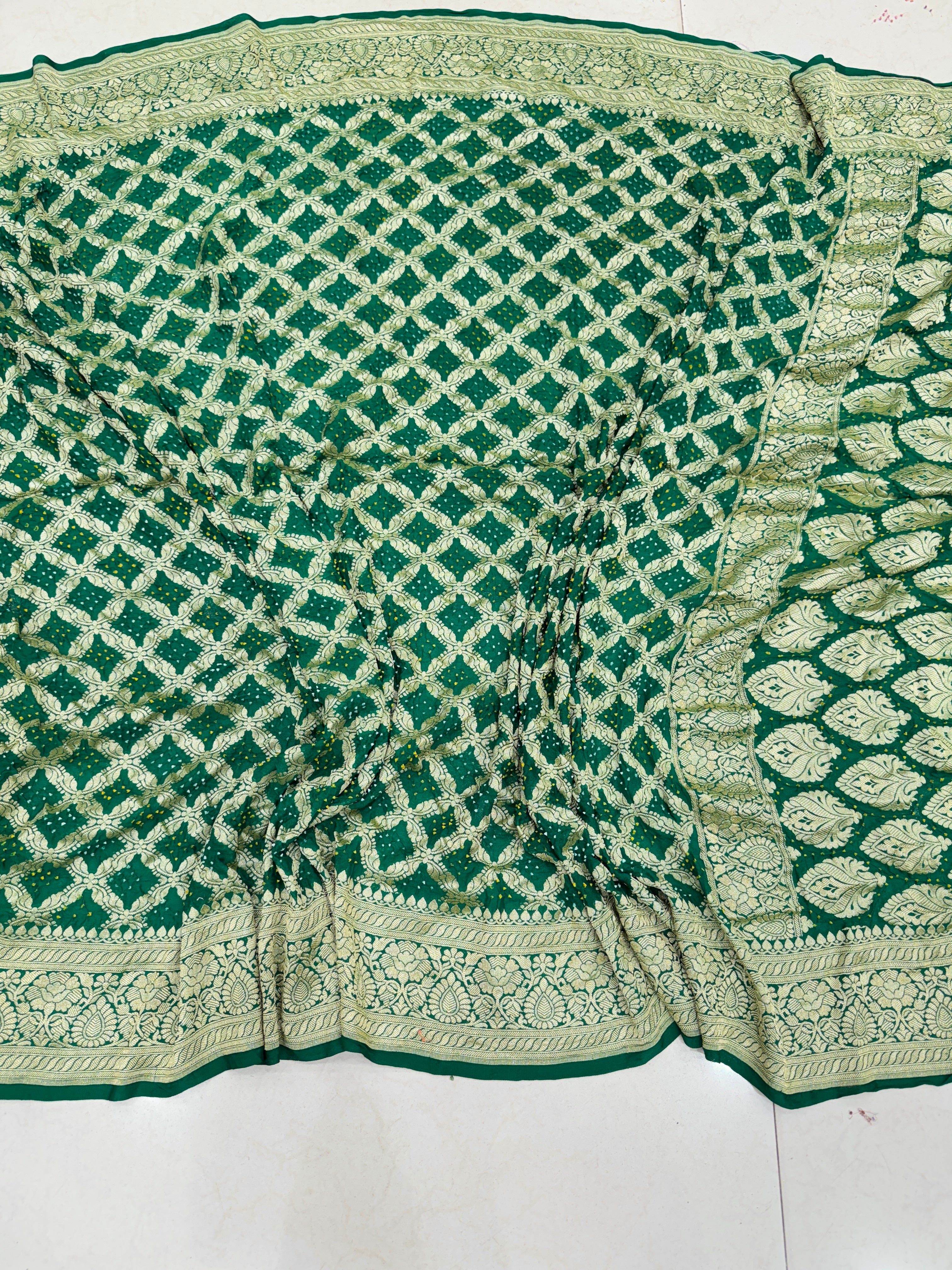 Bottle Green Leaf Border Bandhej Bandhini Saree