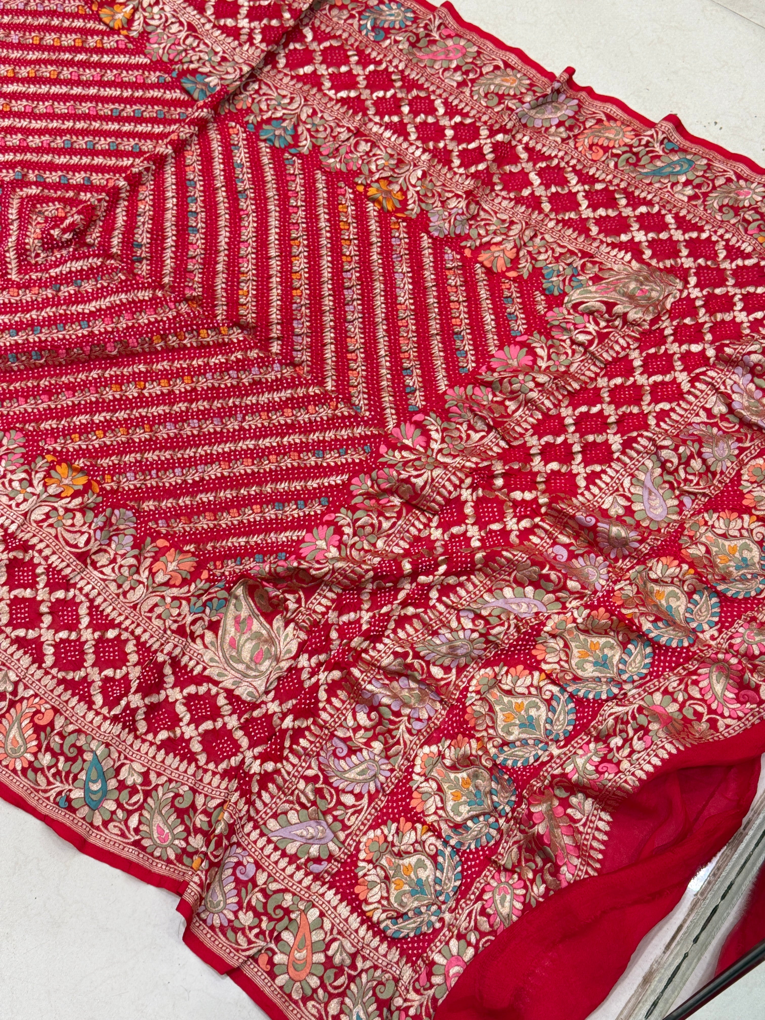 Red Jaal Double Border Handloom Meenakari Rai Bandhej Pure Zari Dupatta