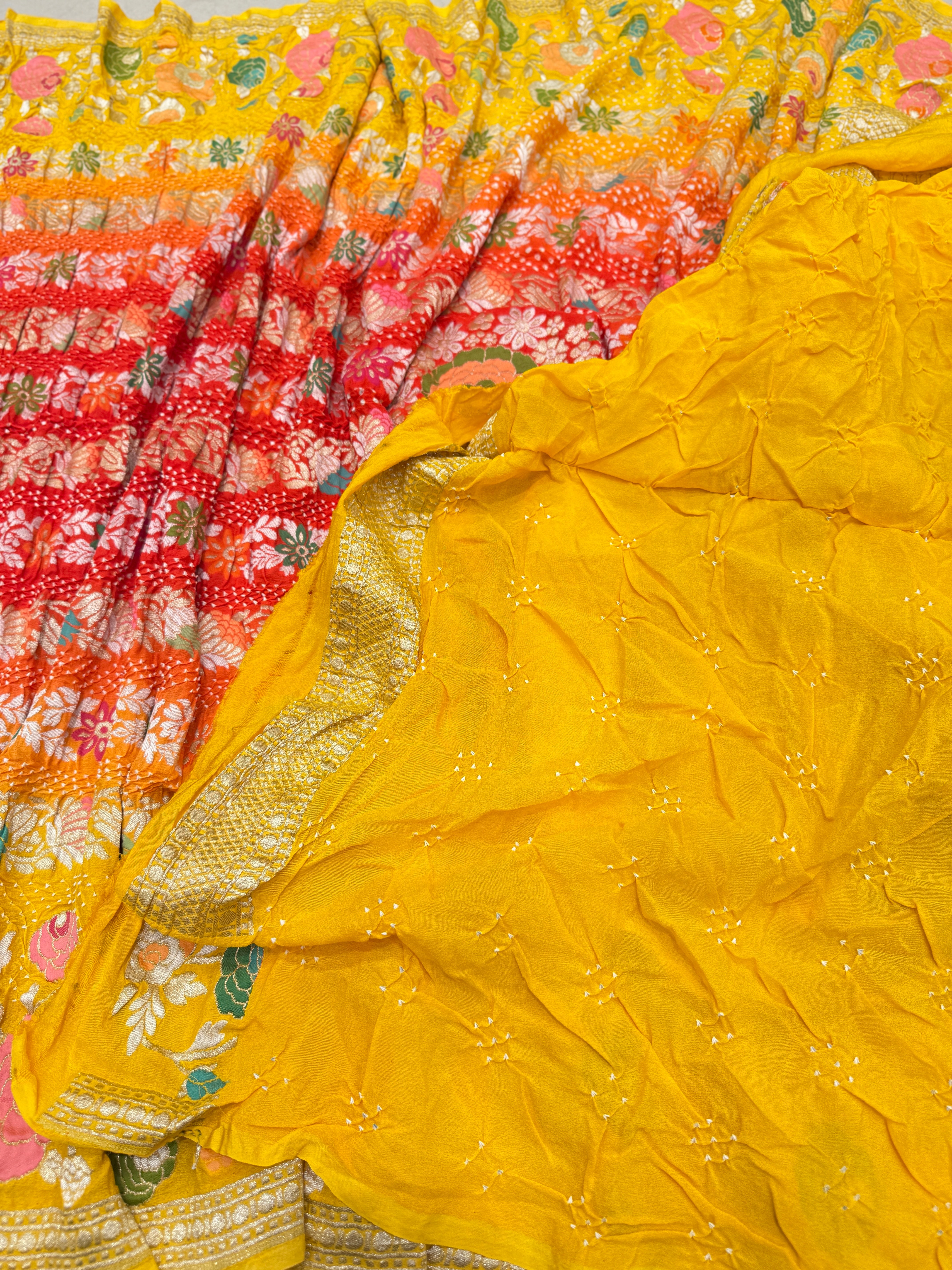 Yellow Red Shaded Floral Meenakari Rai Bandhej Georgette Bandhini Saree