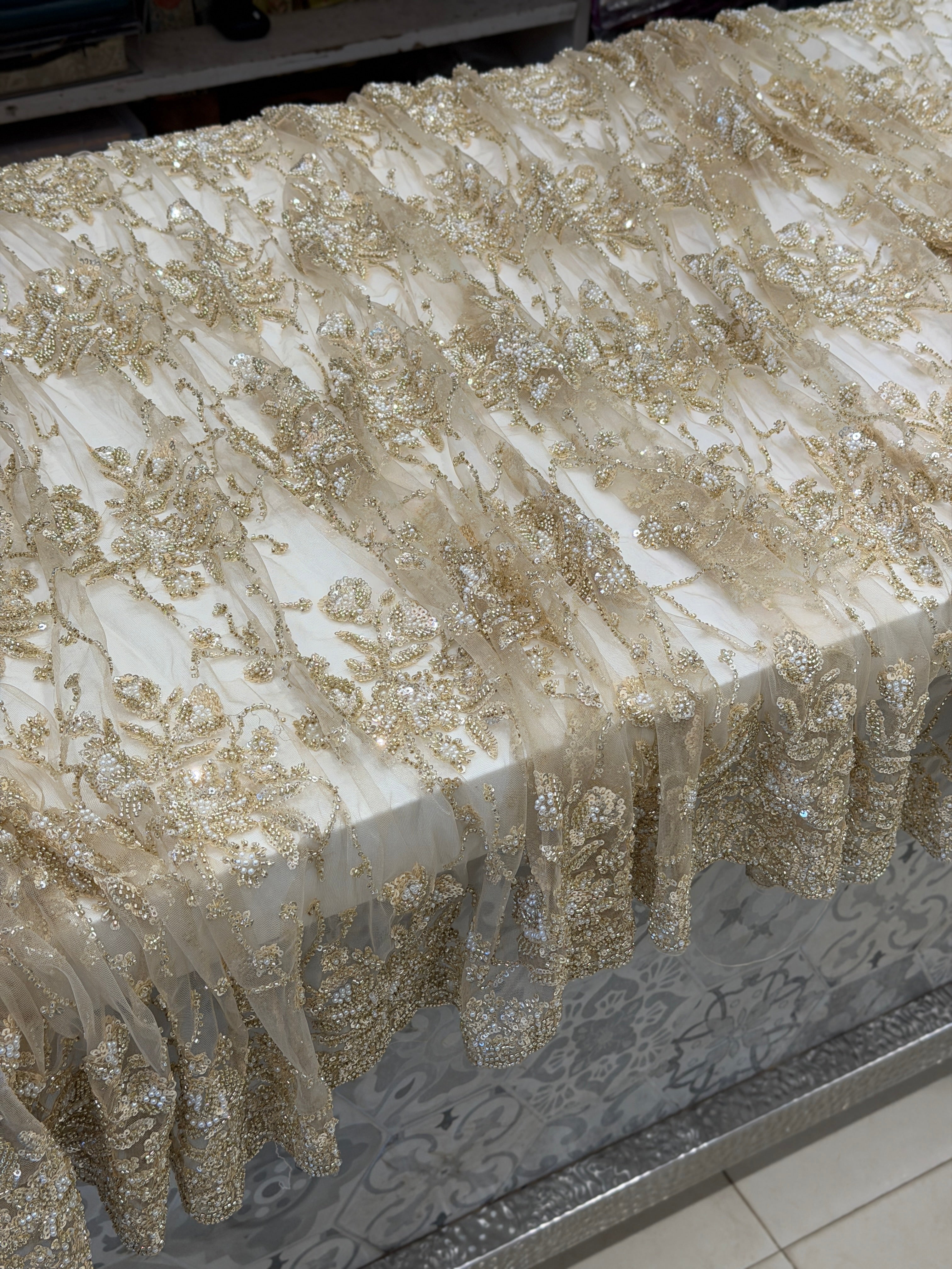 Golden Net Moti Sequin Jaal Heavy Blouse Saree