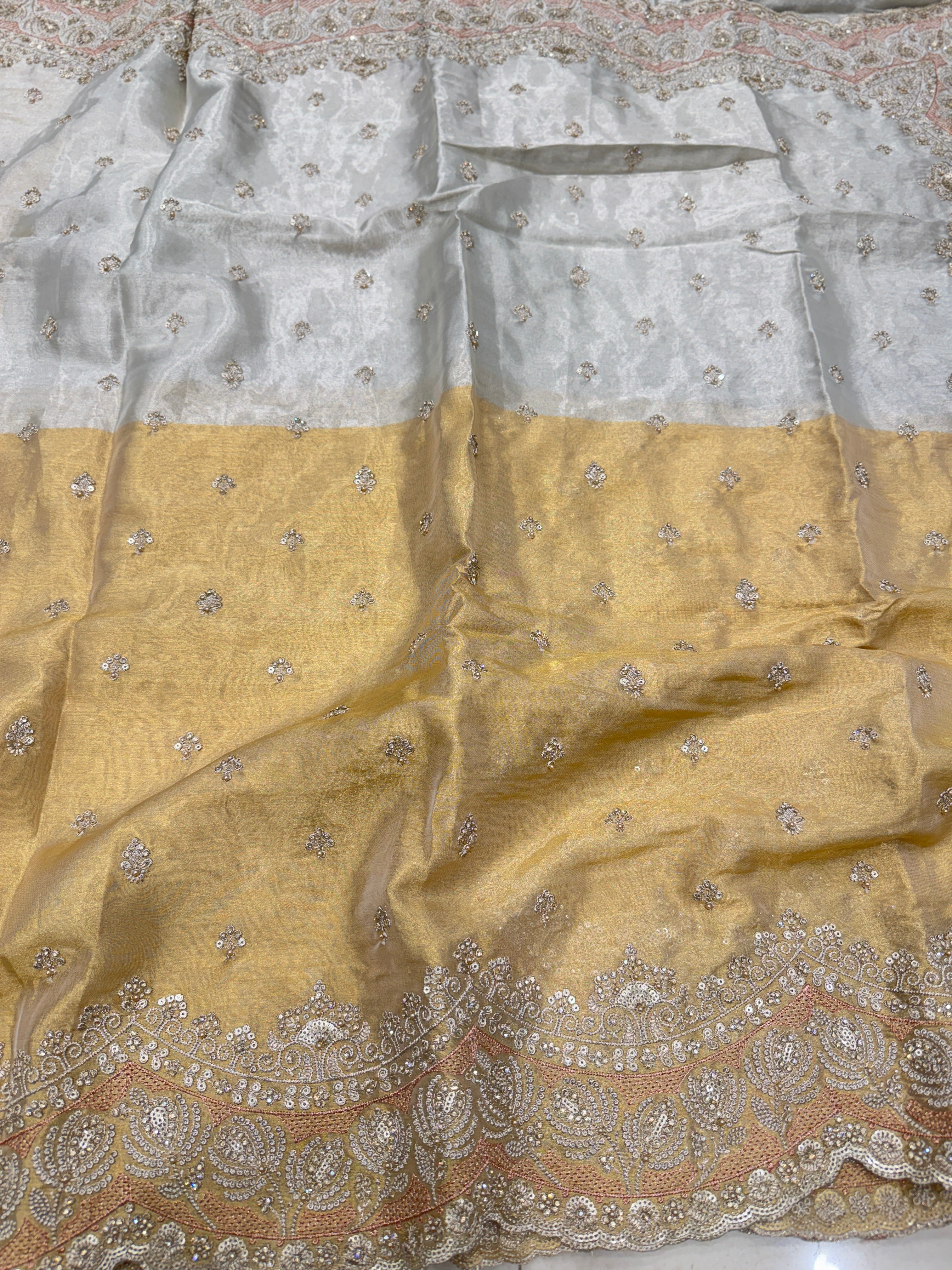 Golden Silver Soft Tissue Pita Scallop Embroidery Saree