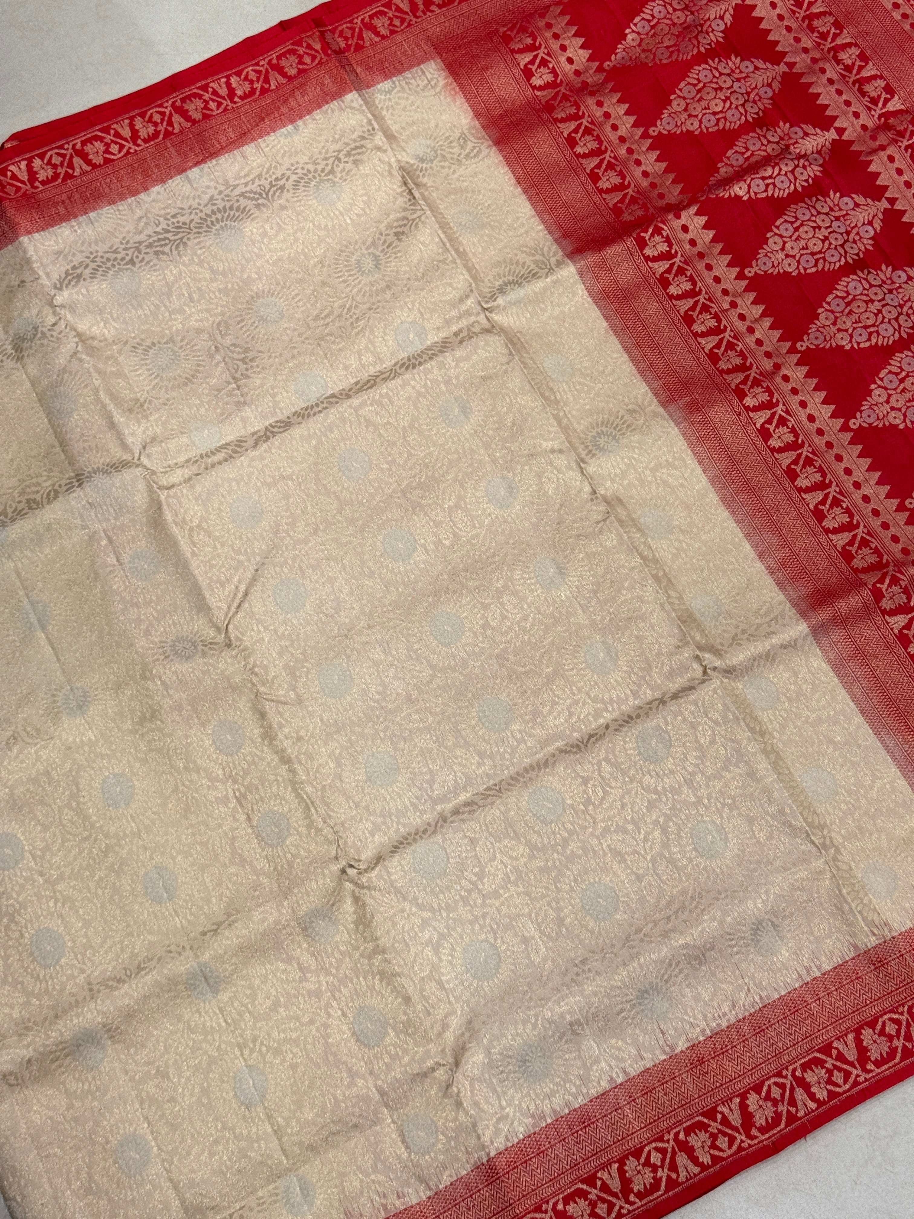 Beige Red Brocade Jaal Handloom Kanchipuram Pure Silk Saree