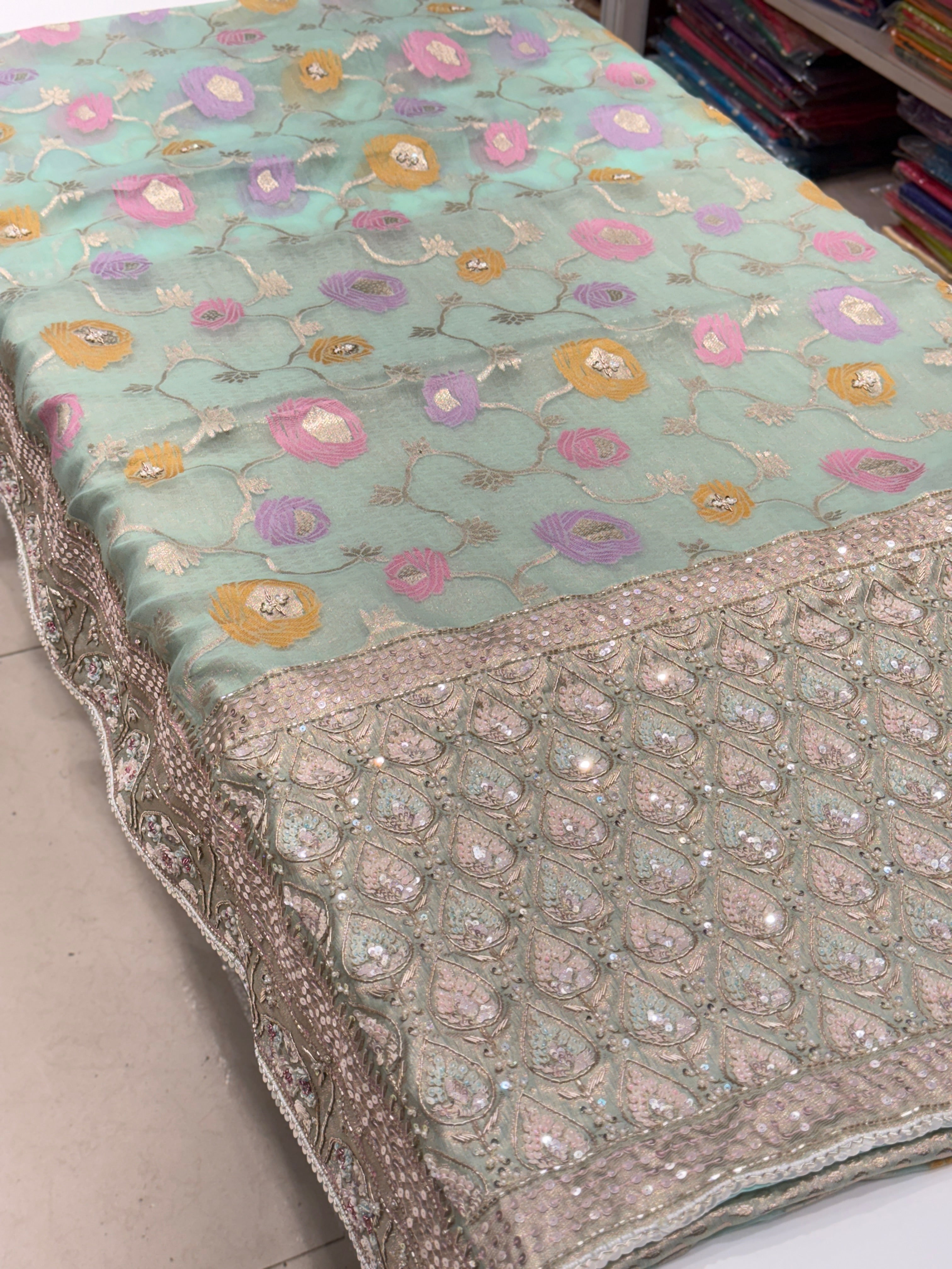 Light Blue Meenakari Banarasi Kora Sequin Zardosi Hand Embroidery Saree