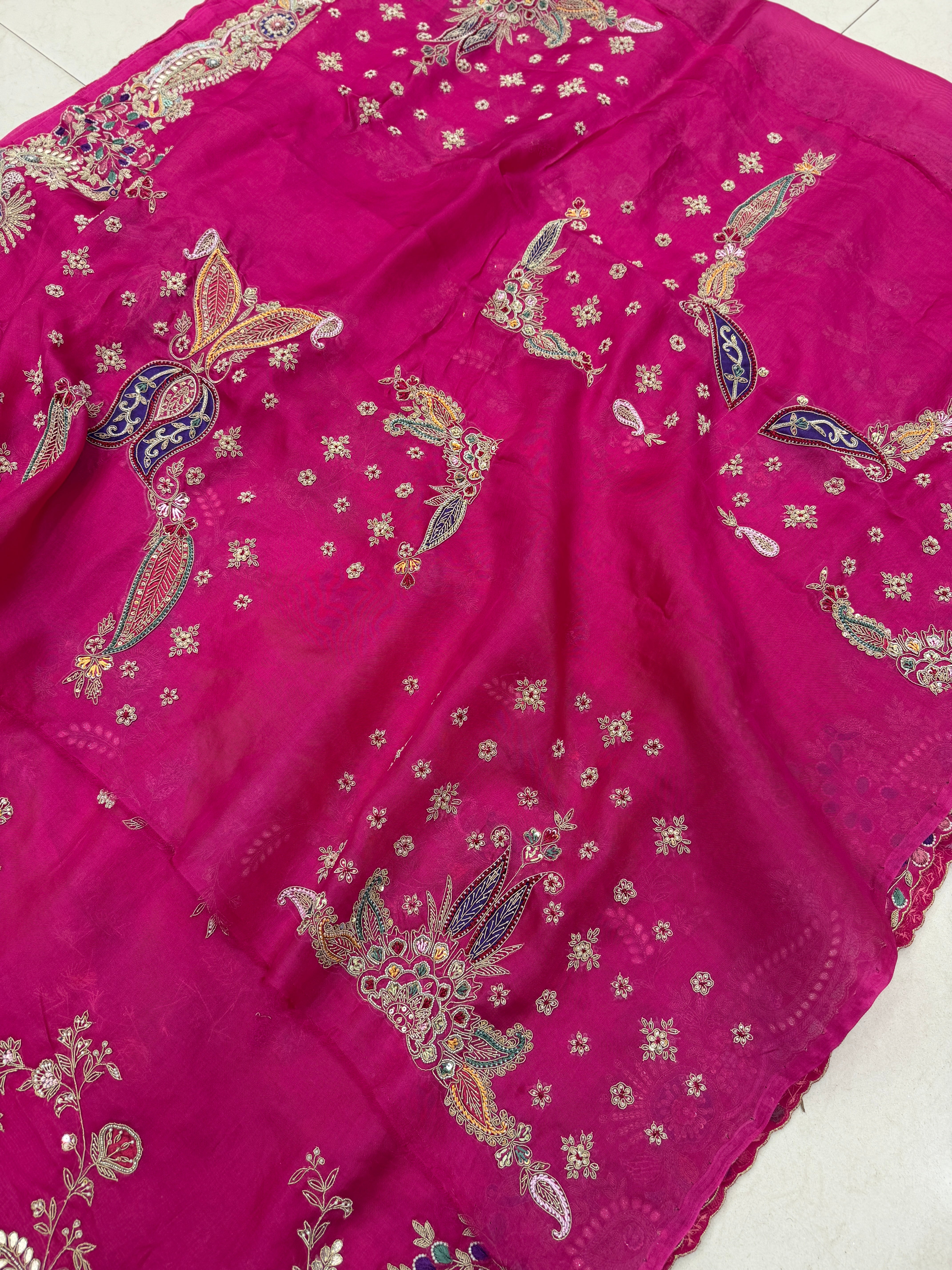Rani Pink Organza Anamika Khanna Inspired Hand Embroidery Saree