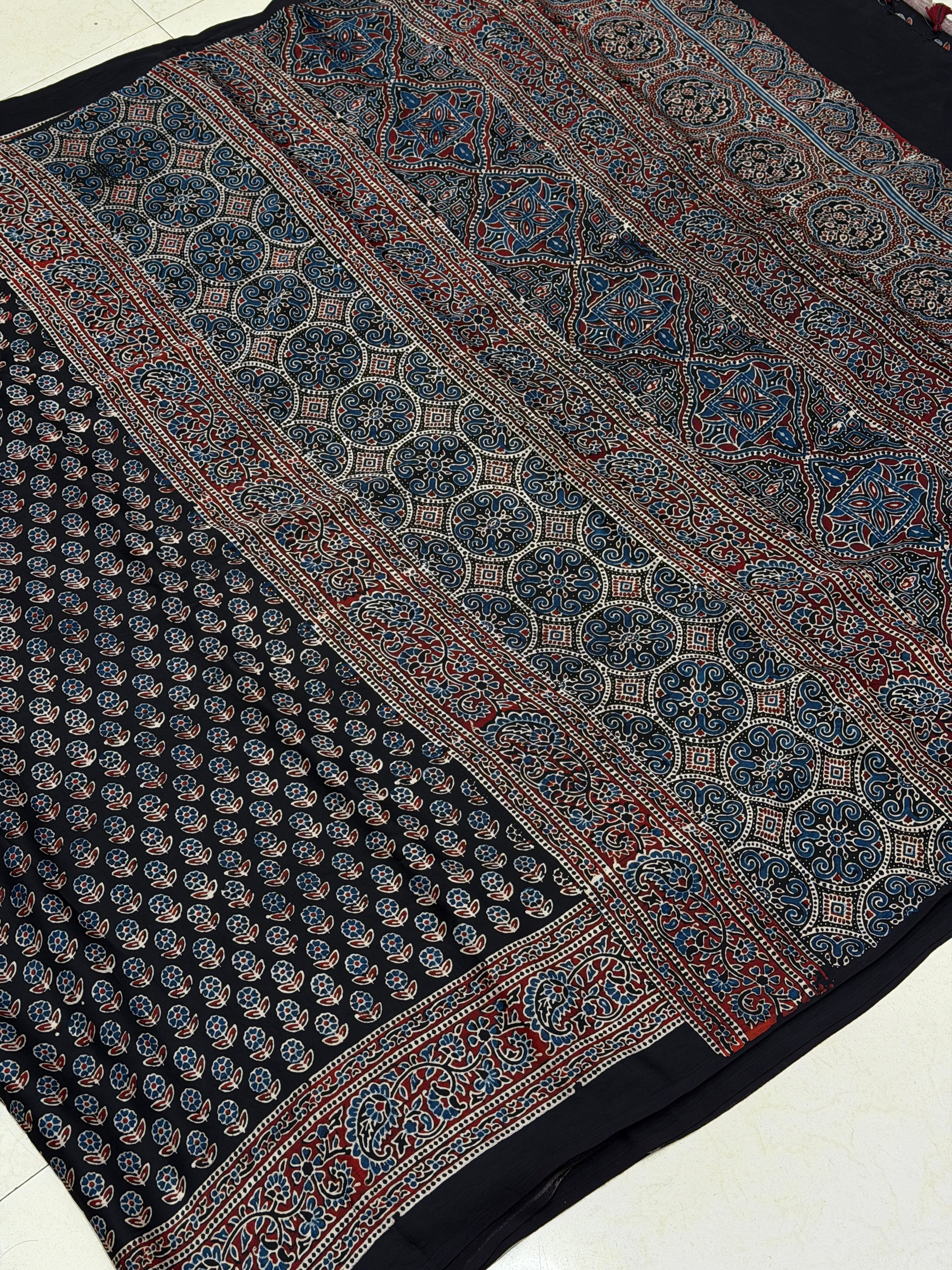 Black Small Flower Buttis Ajrakh Hand Block Print Pure Modal Silk Saree