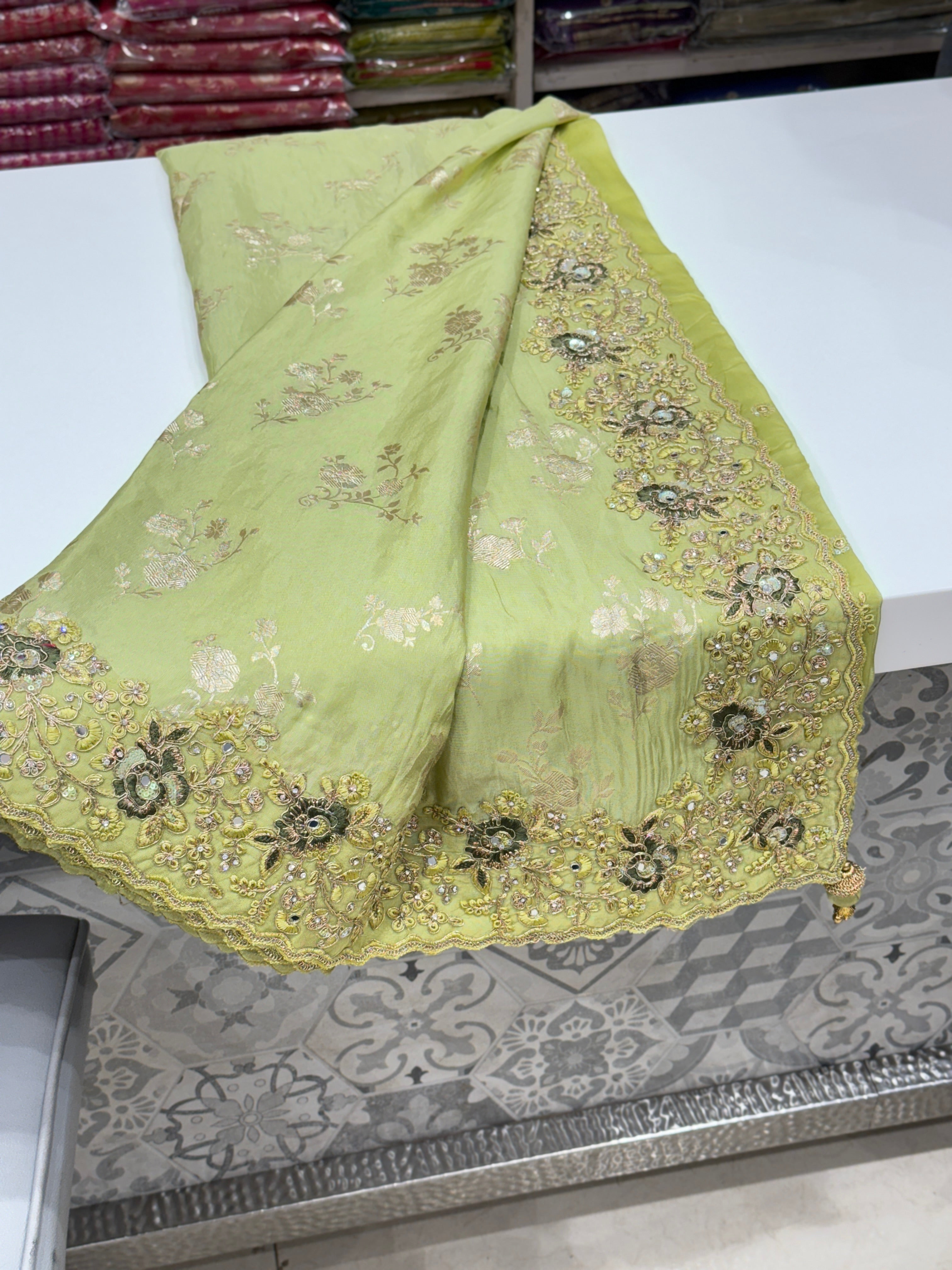 Pista Crepe Tissue Embroidery Saree