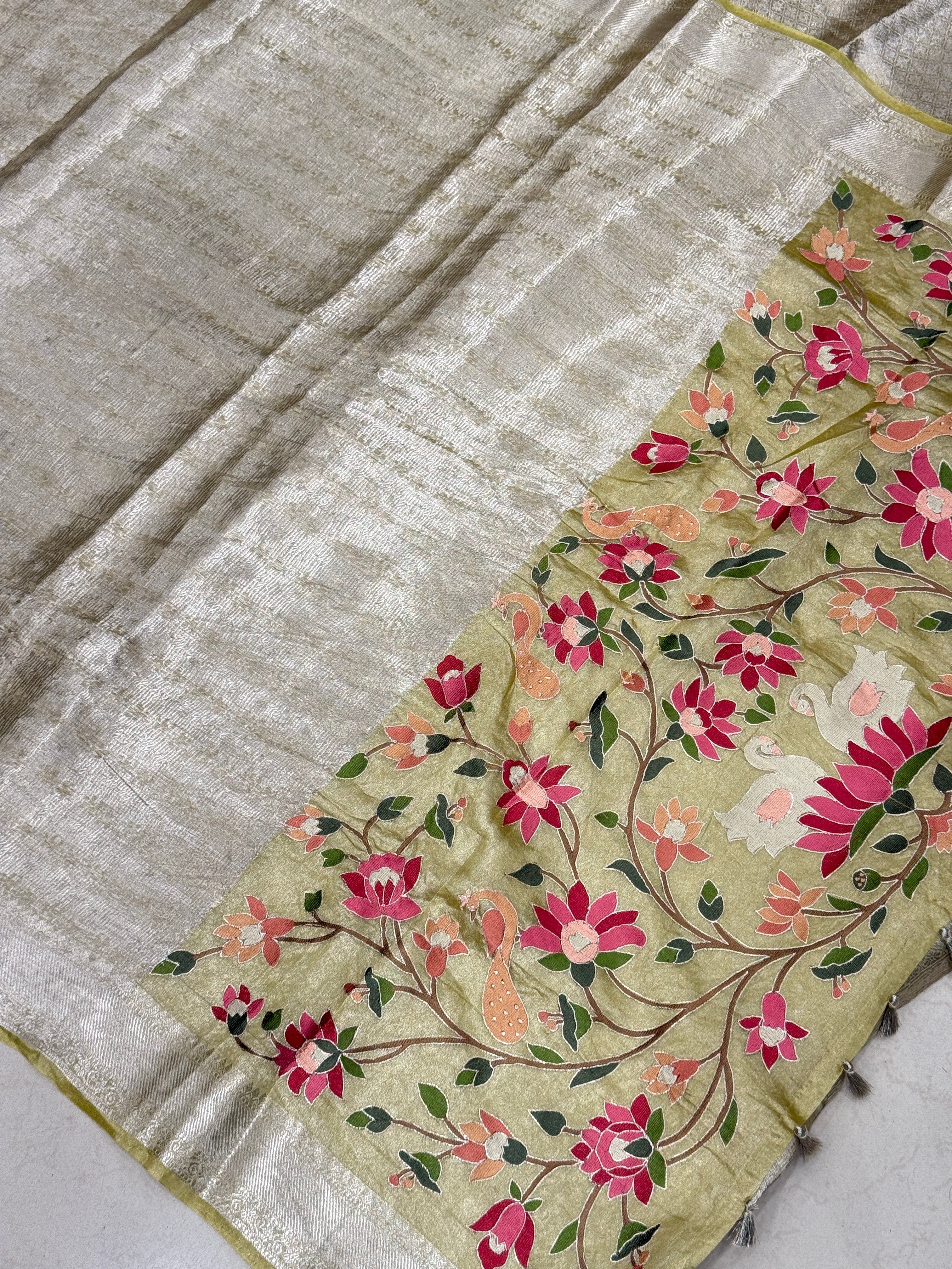 Yellow Silver Handloom Tissue Swans Contemporary Resham Embroidery Saree