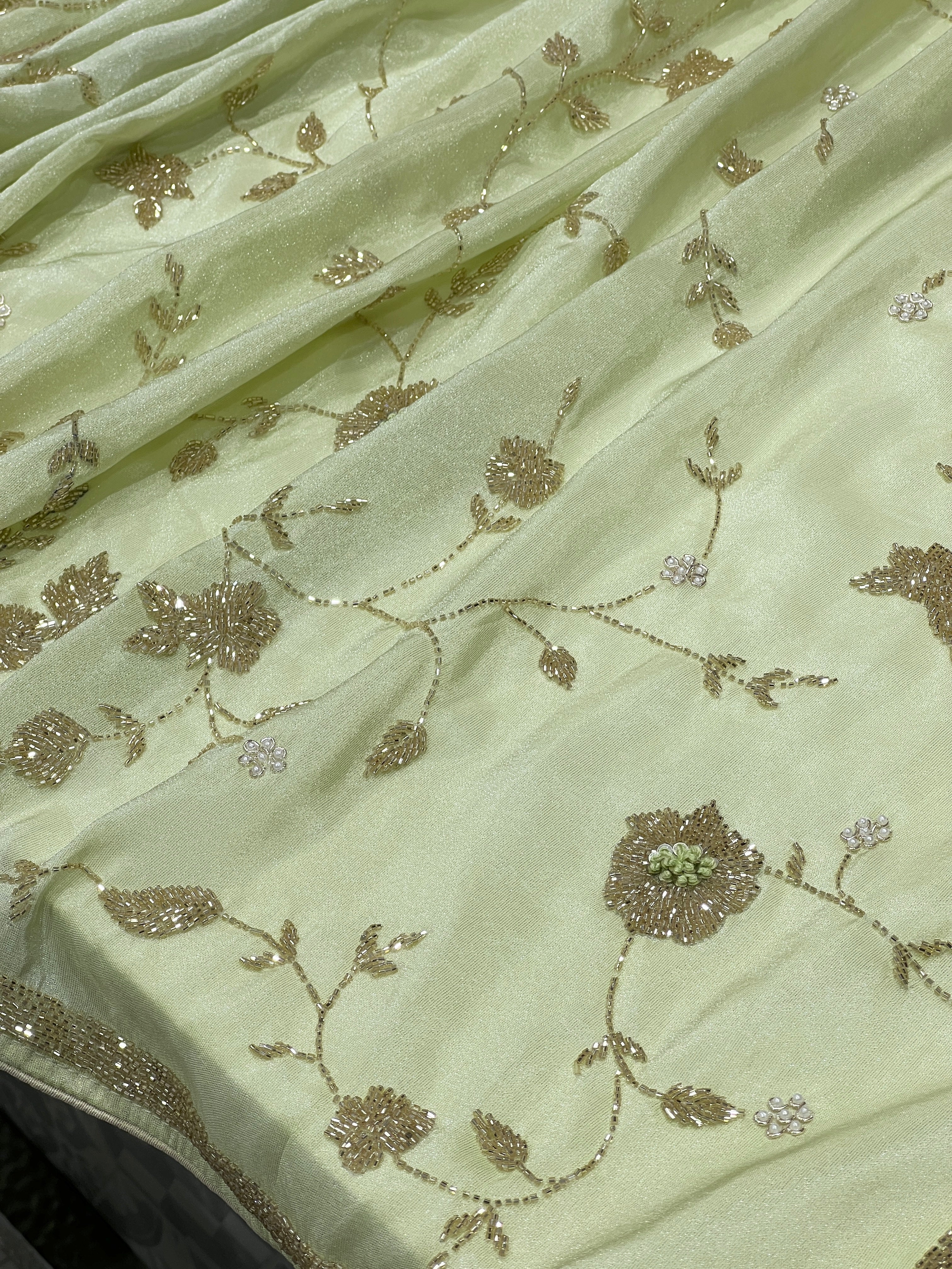 Pista Green Tissue Hand Embroidery Saree