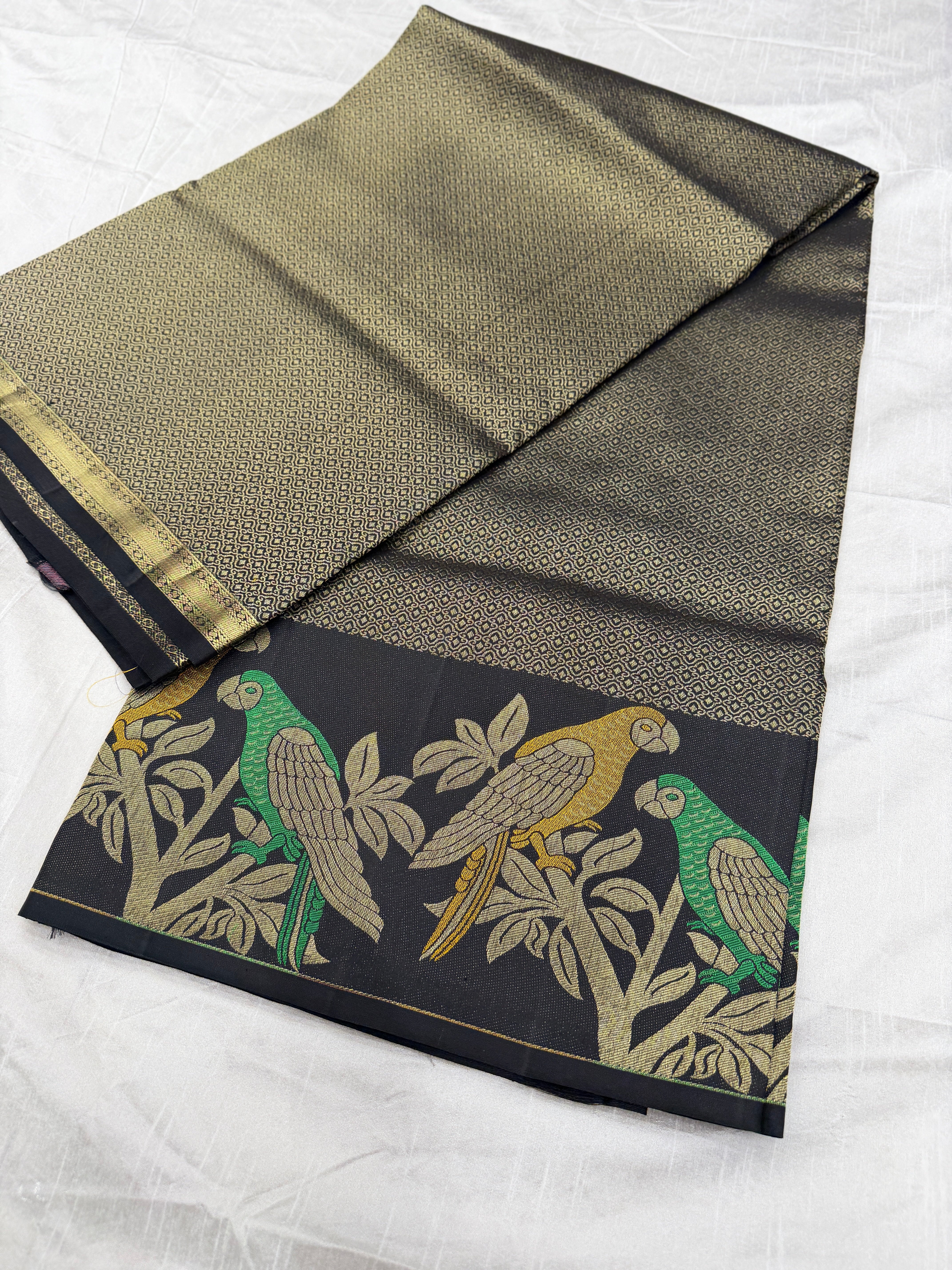 Black Parrot Deign Handloom Kanjivaram Tissue Silk Saree