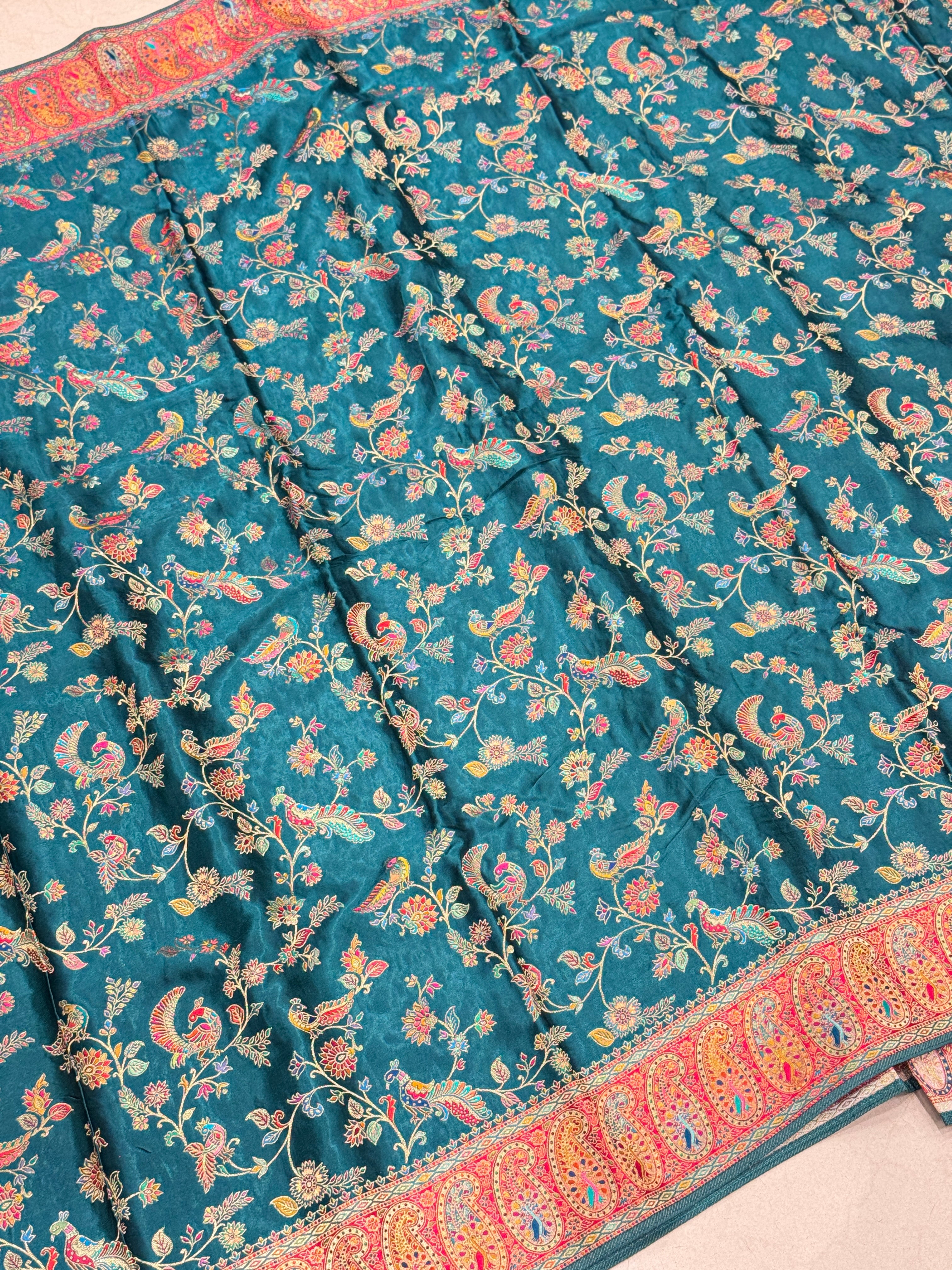 Rama Green Banarasi Modal Satin Pashmina Style Jaal Saree