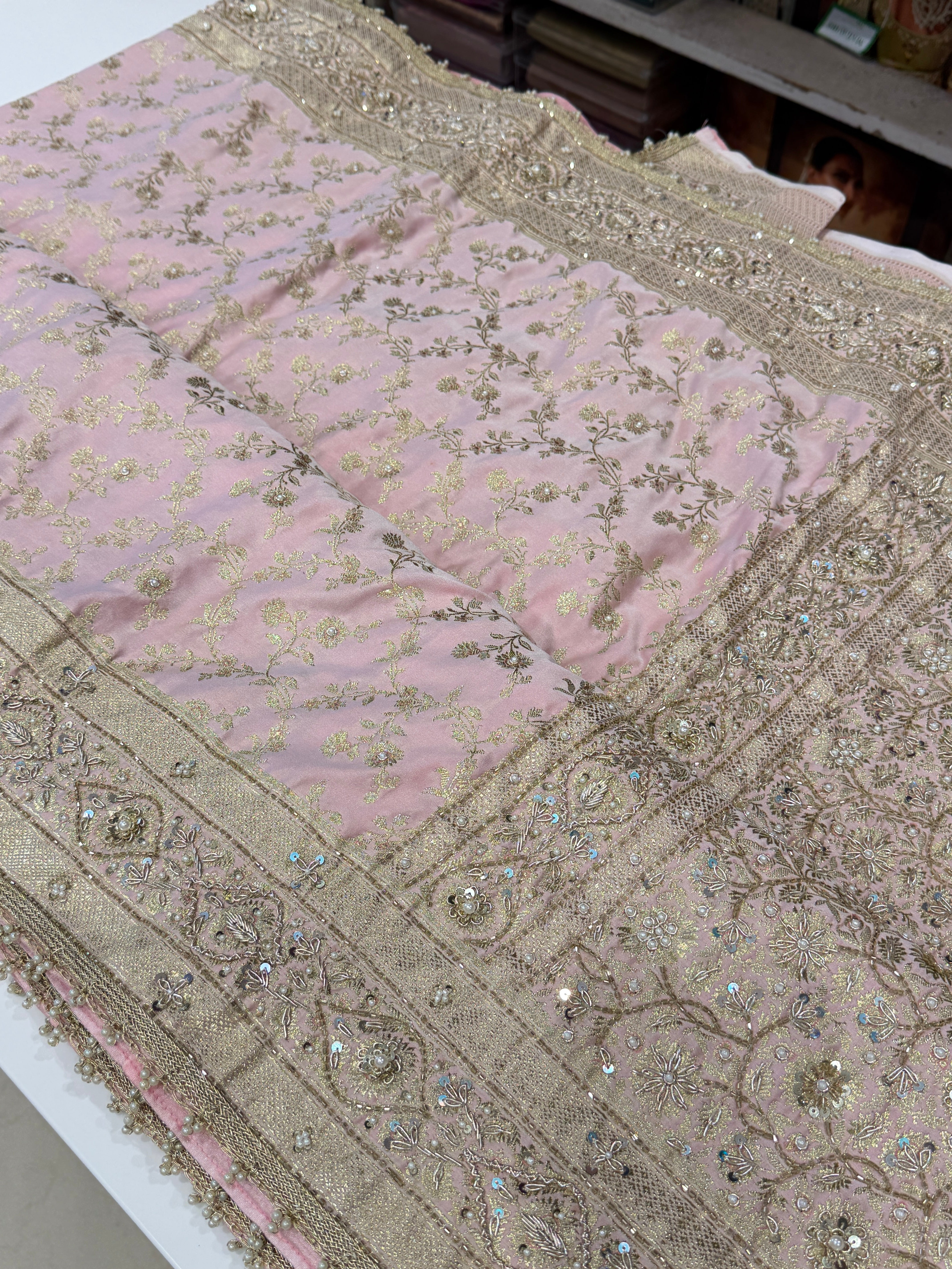 Light Pink Banarasi Flower Border Zardosi Hand Embroidery Saree