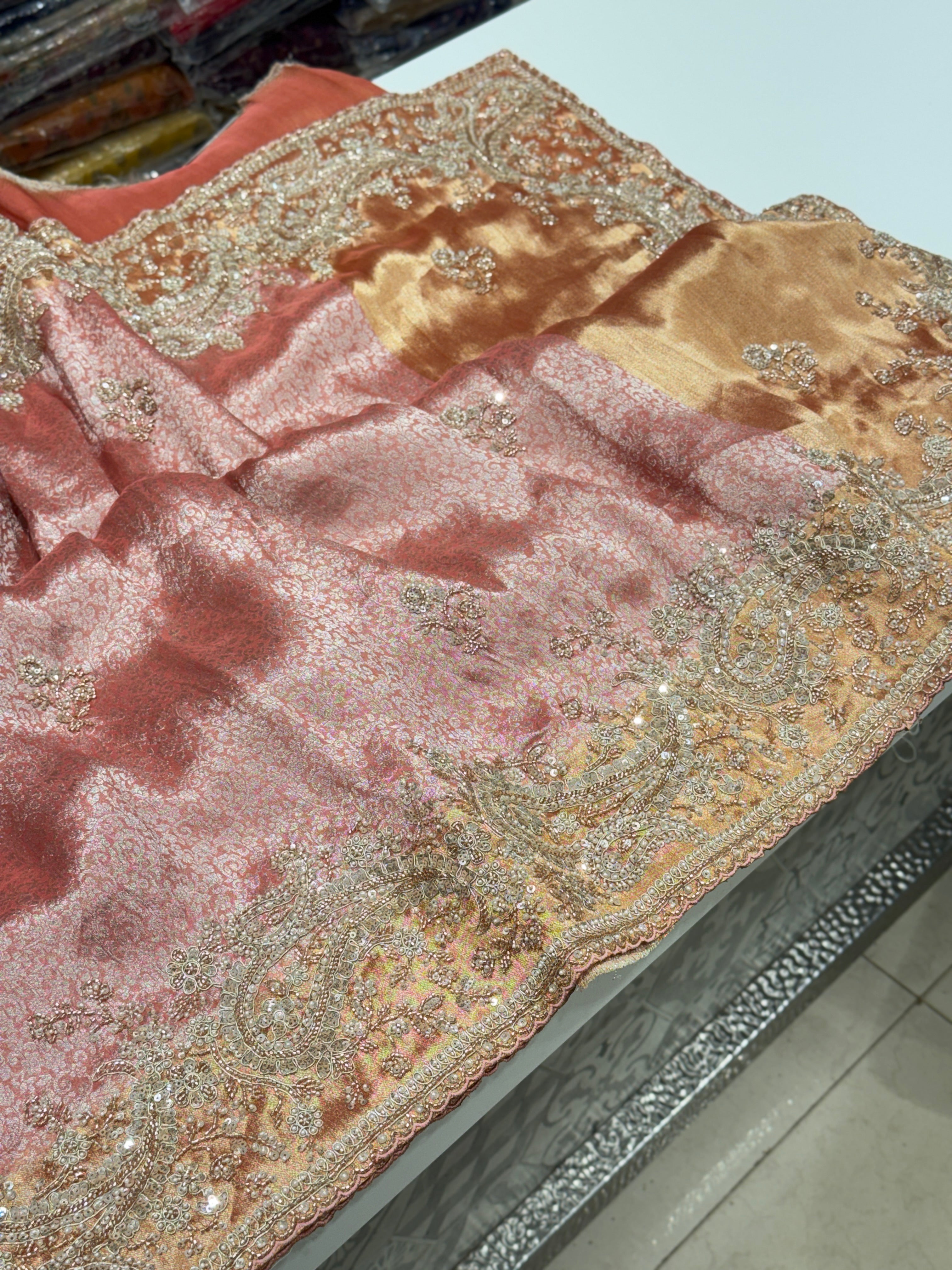 Pink Soft Silk Crystal Moti Embroidered Saree