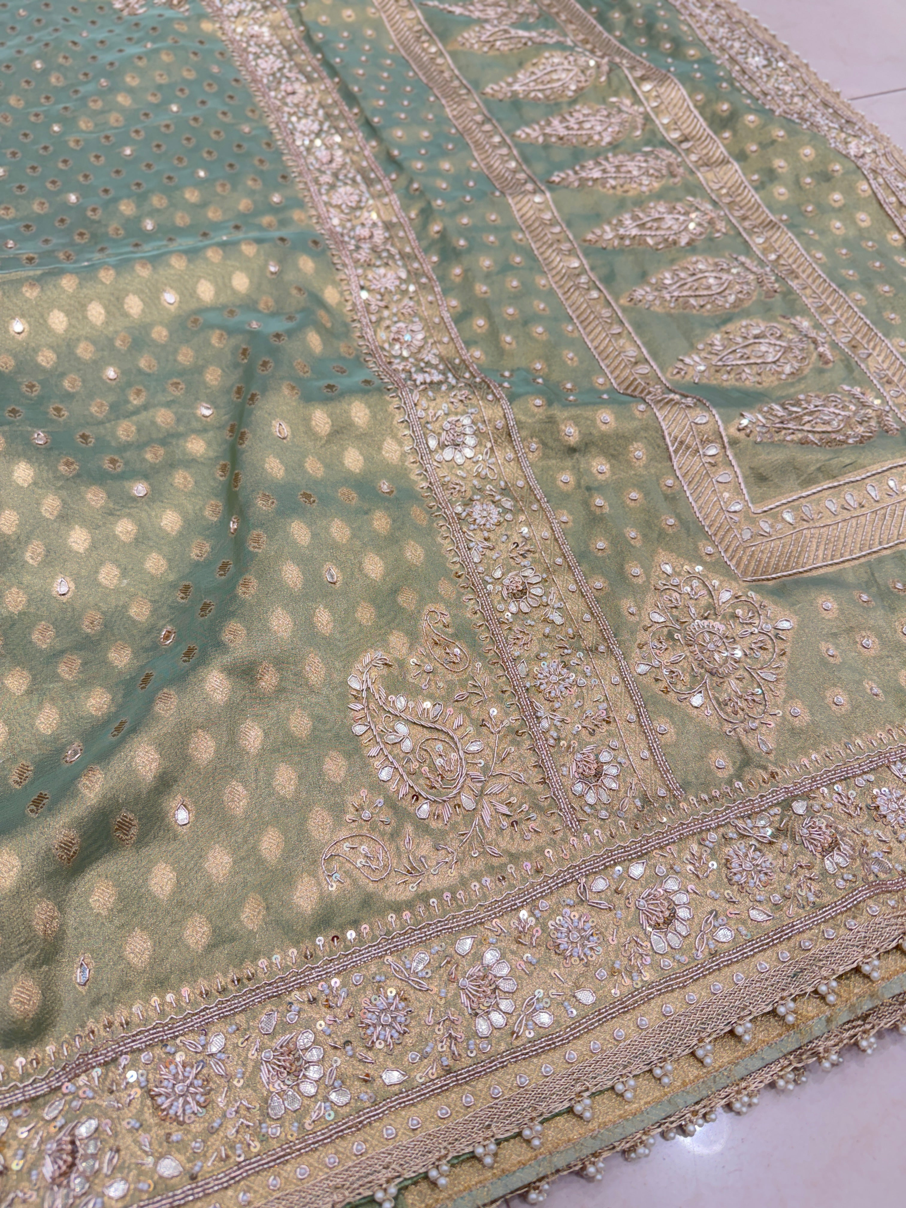 Pista Green Tissue Buttis Zardosi Gota Hand Embroidery Saree