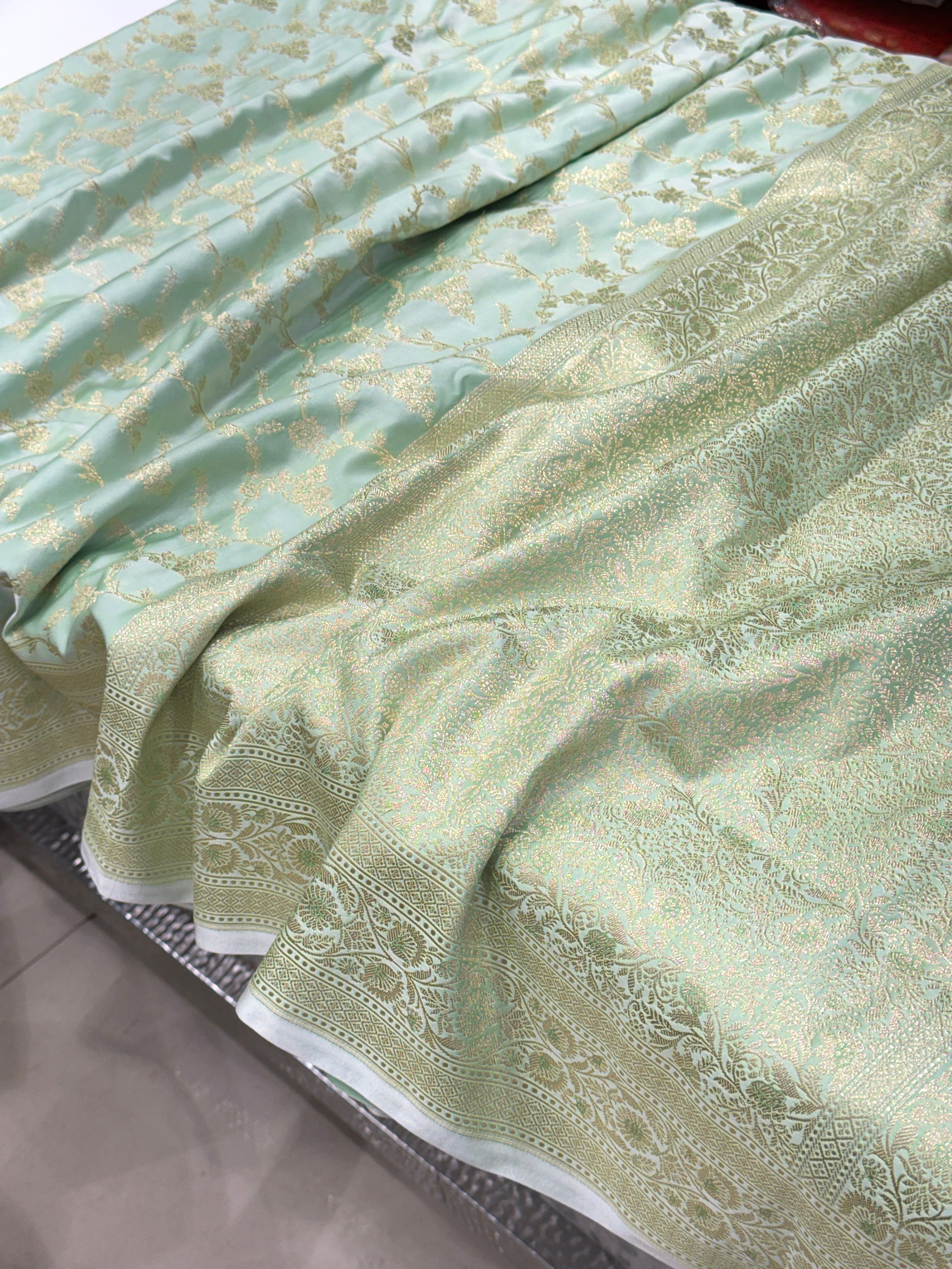 Pista Green Jasmine Jaal Banarasi Silk Saree