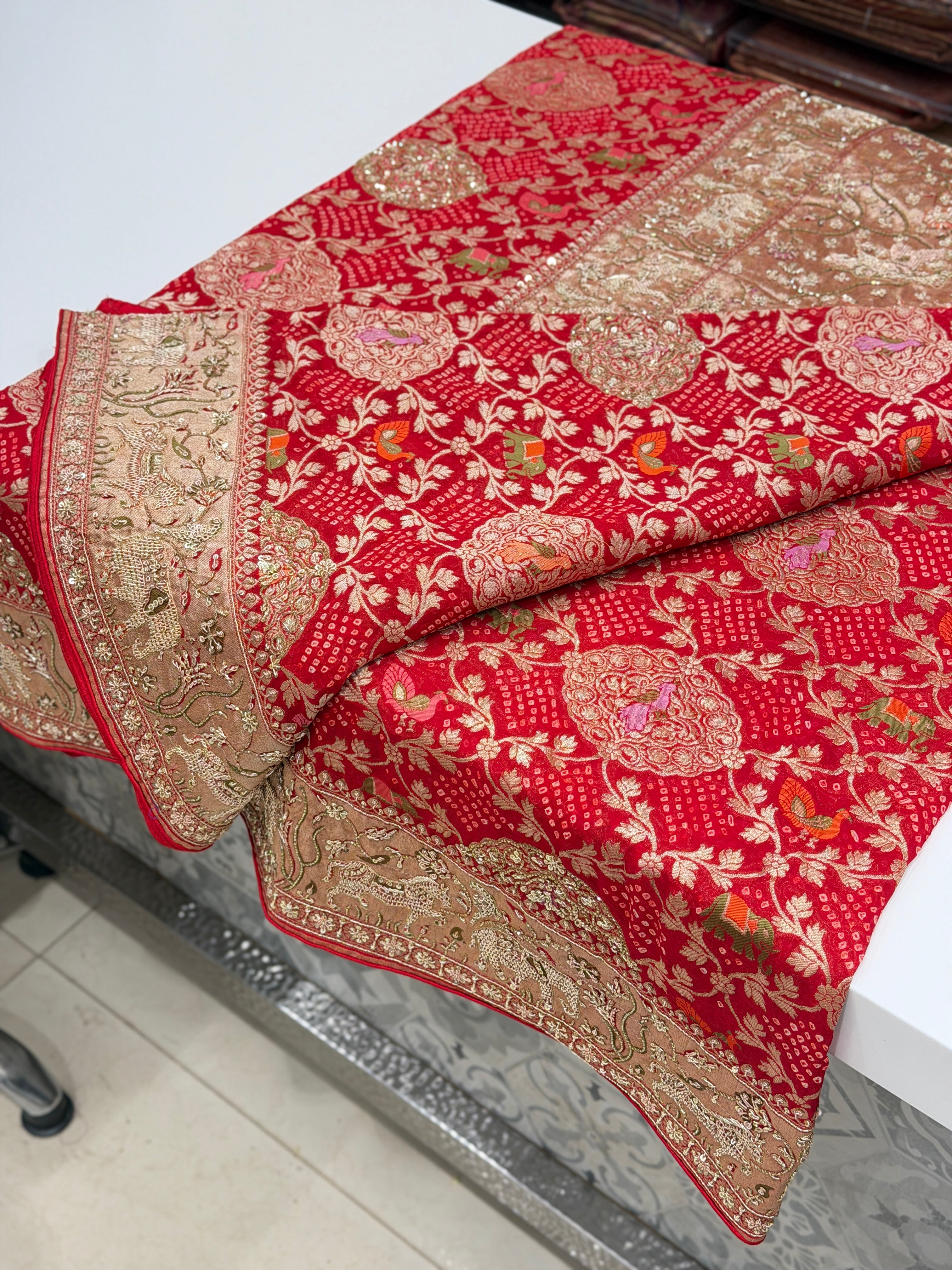 Red Meenakari Rai Bandhej Saree Elephant Motif  Zardosi Hand Embroidery