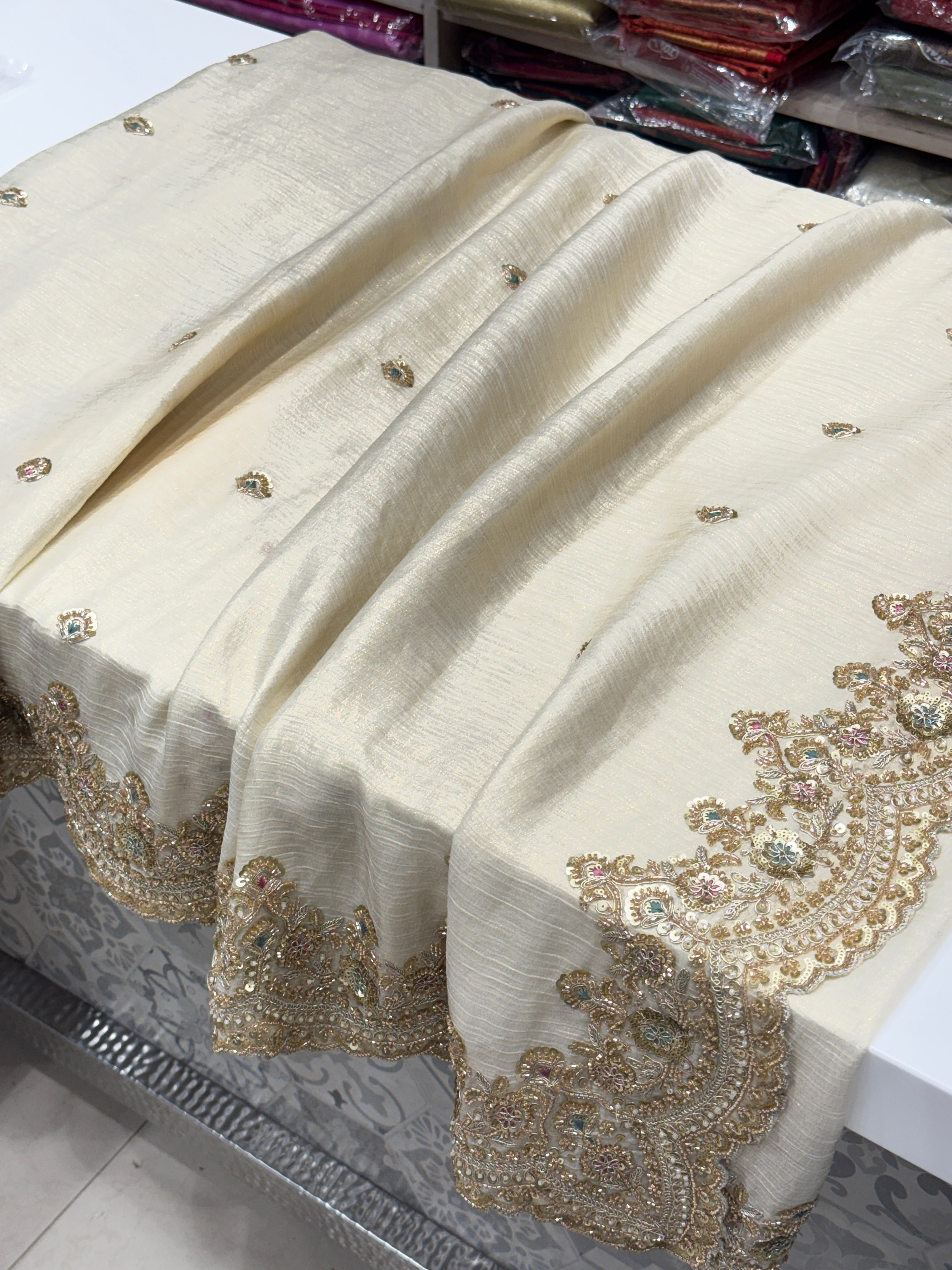 Golden Crushed Soft Tissue Zari Cutdana Embroidered Saree