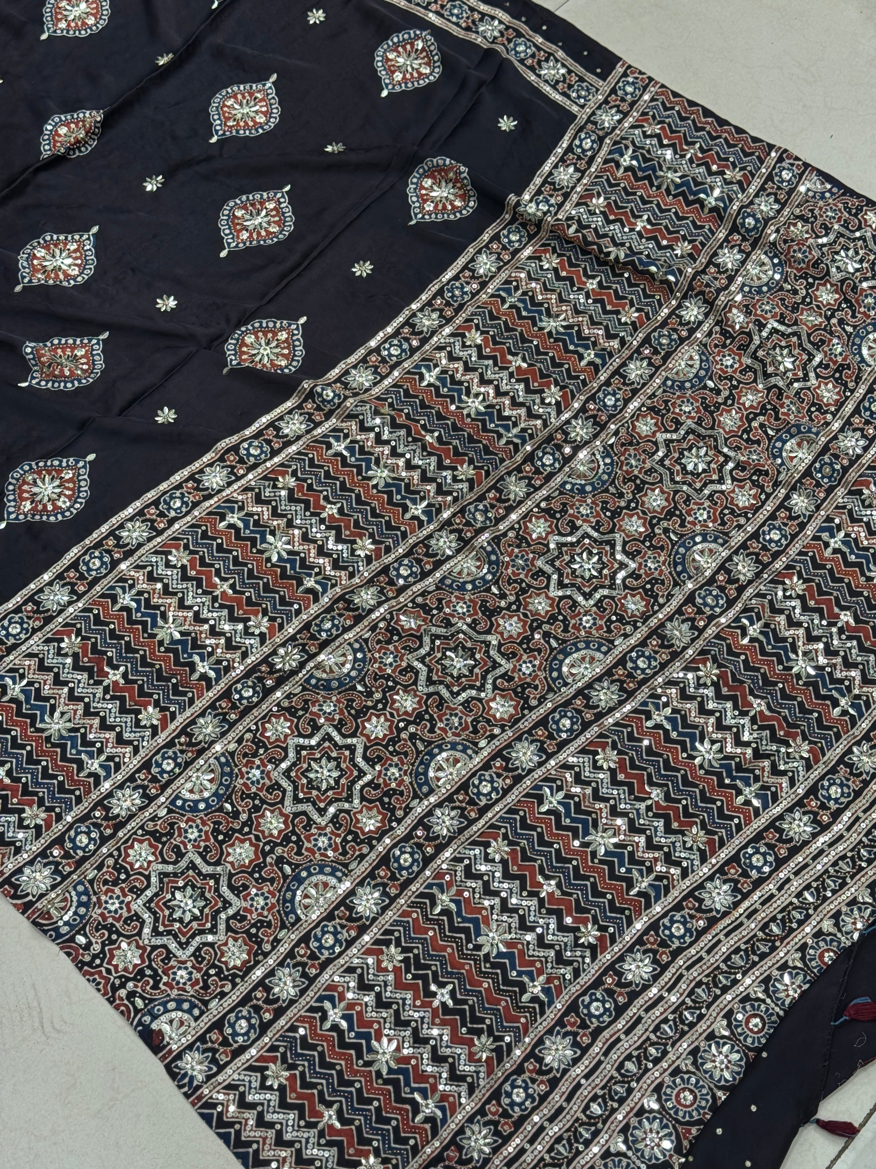 Black Ajrakh Badam Butta Moti Sequin Ajrakh Hand Embroidery Saree