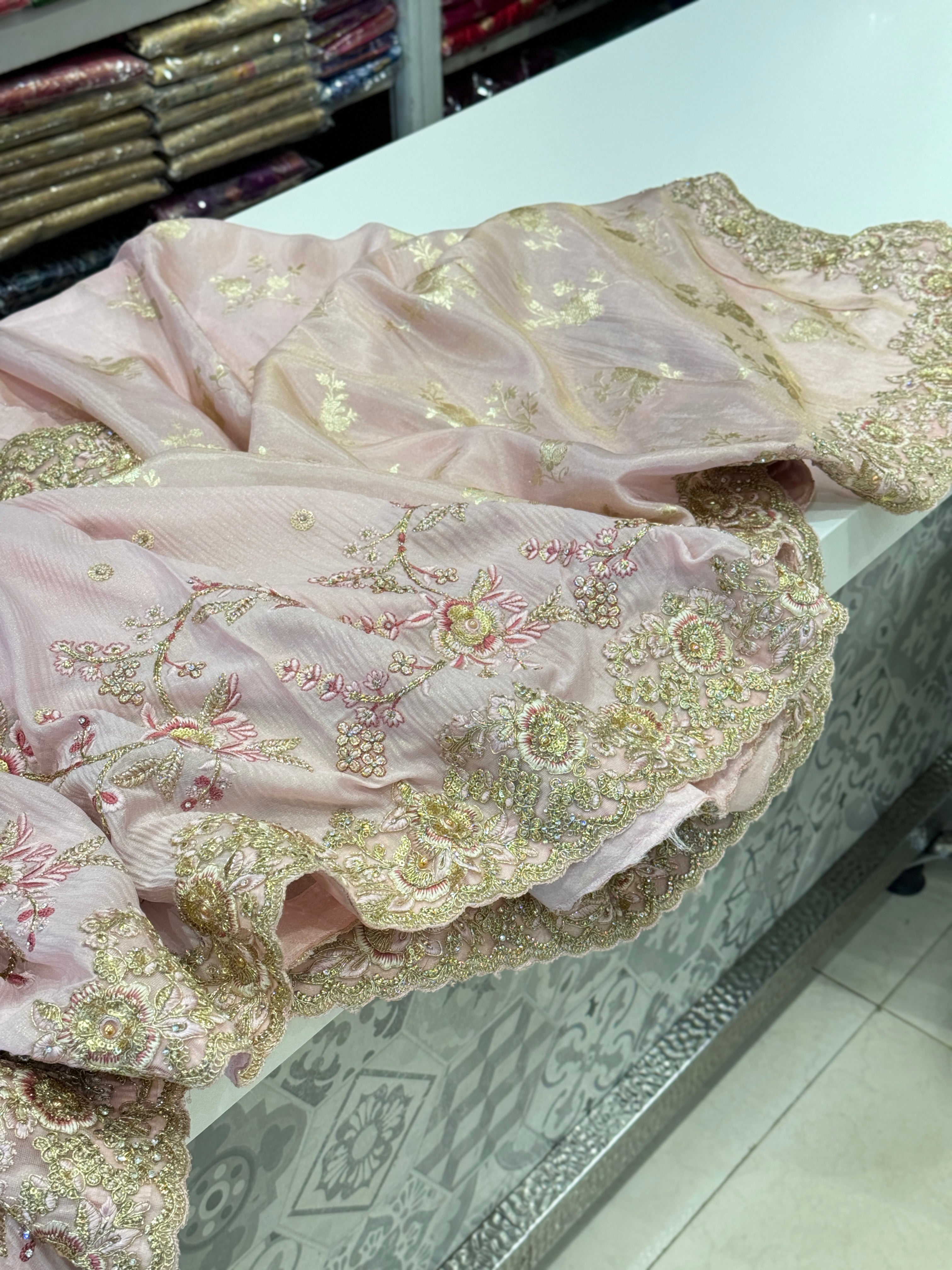 Pink Half Half Tissue Crepe Embroidery Saree