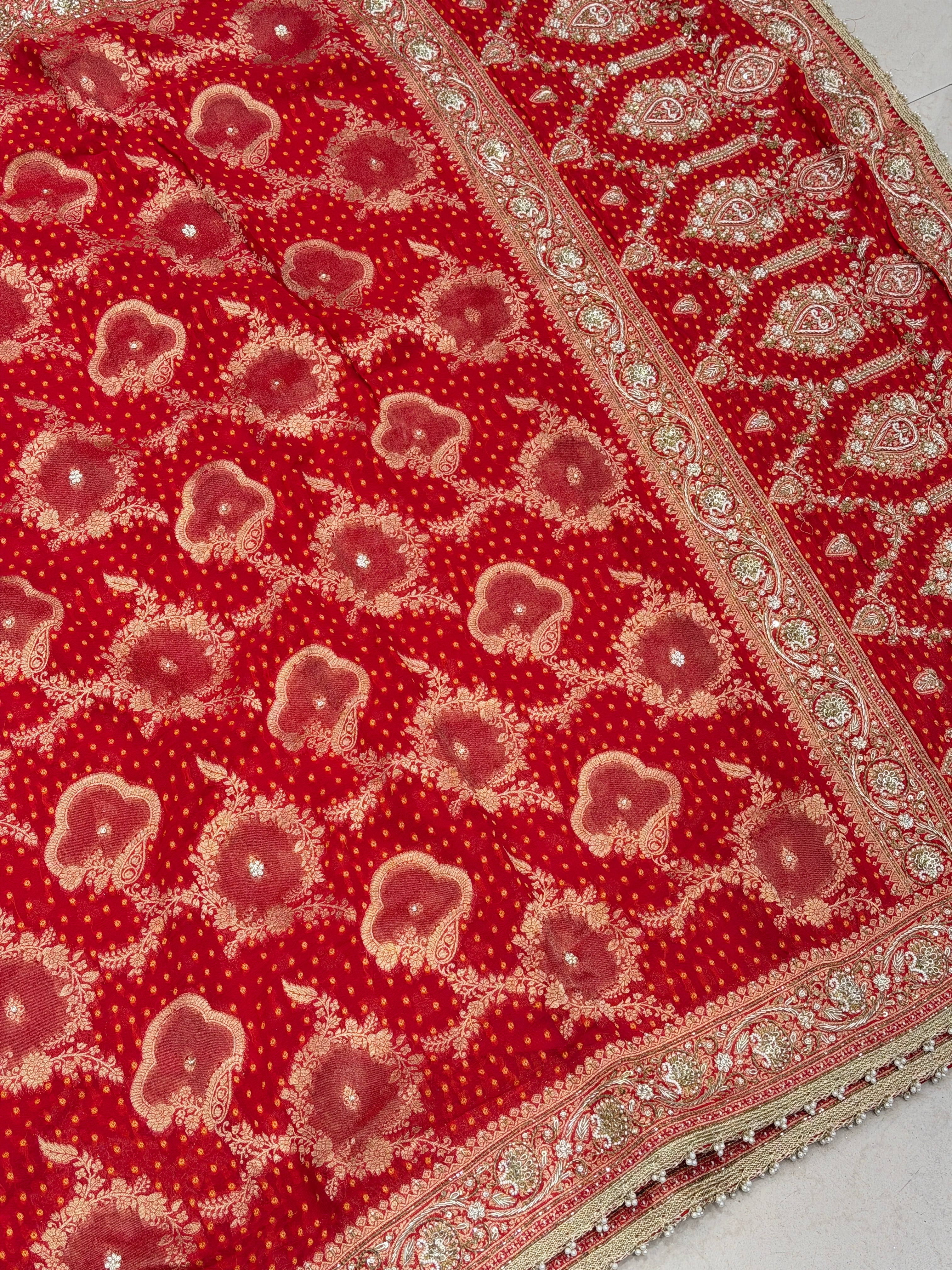 Red Woven Bandhej Zardodi Moti Hand Embroidery Saree