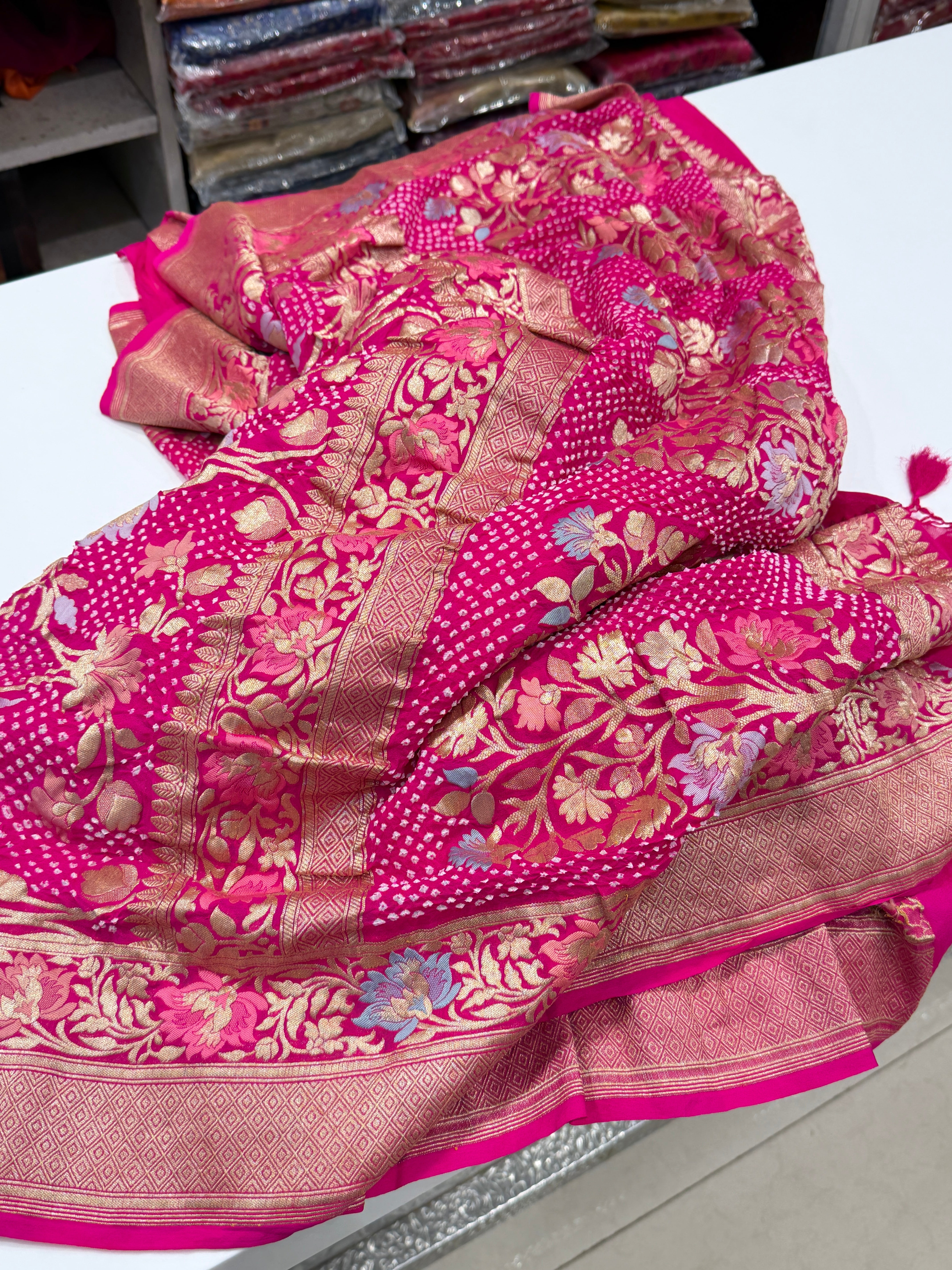 Rani Pink Jaal Meenakari Handloom Banarasi Georgette Rai Bandhej Saree