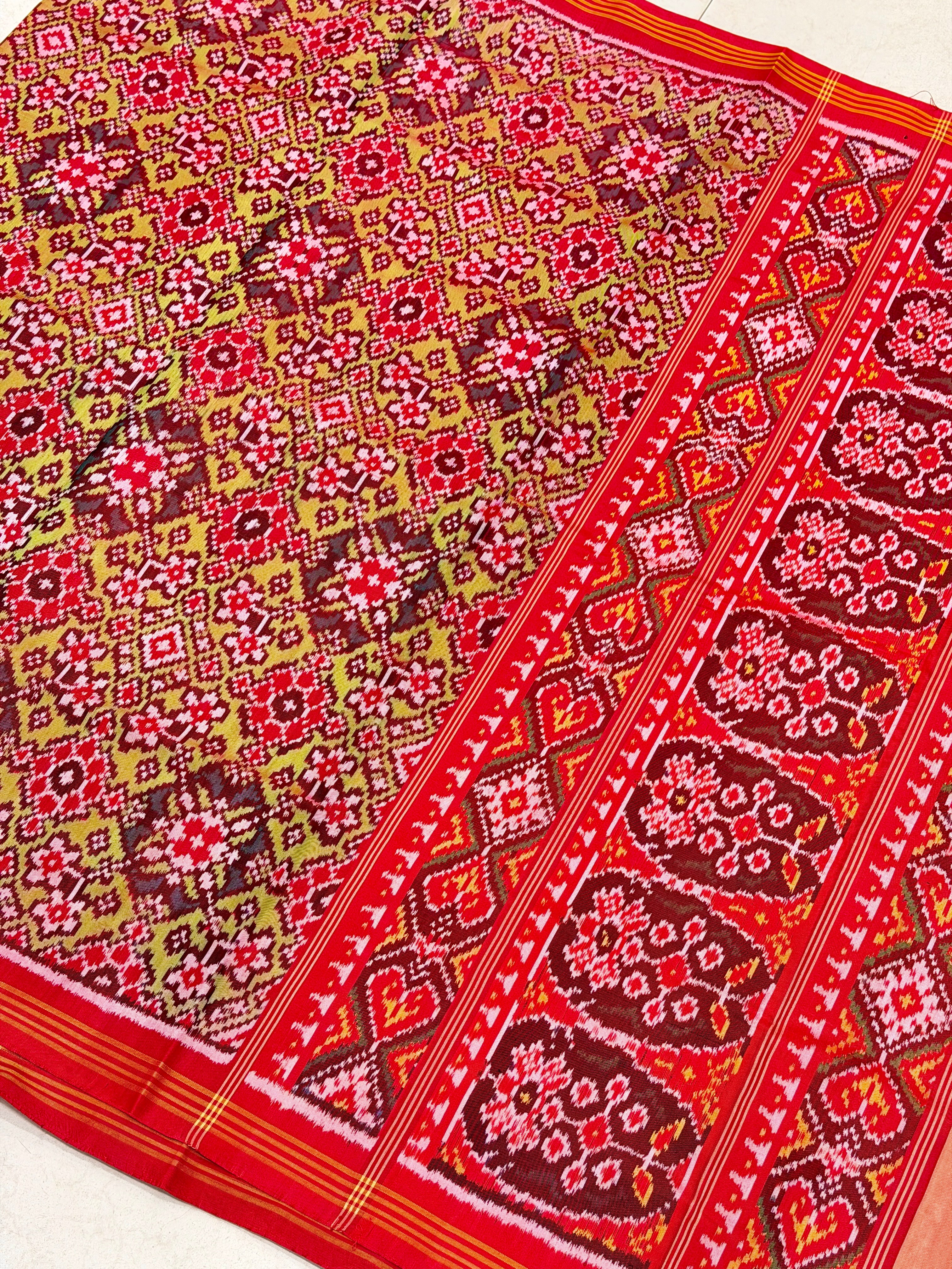 Lime Green Red Manek Chowk Pure Silk Handloom Patola Saree