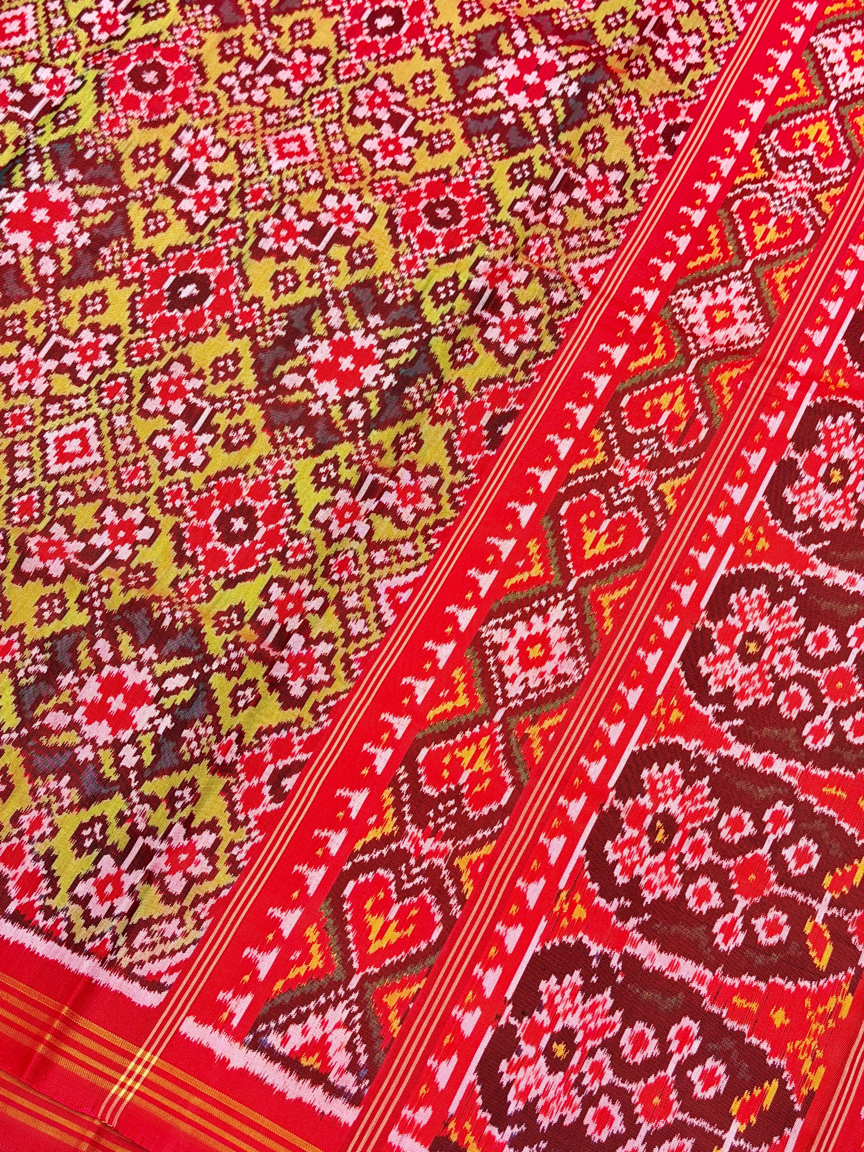 Lime Green Red Manek Chowk Pure Silk Handloom Patola Saree