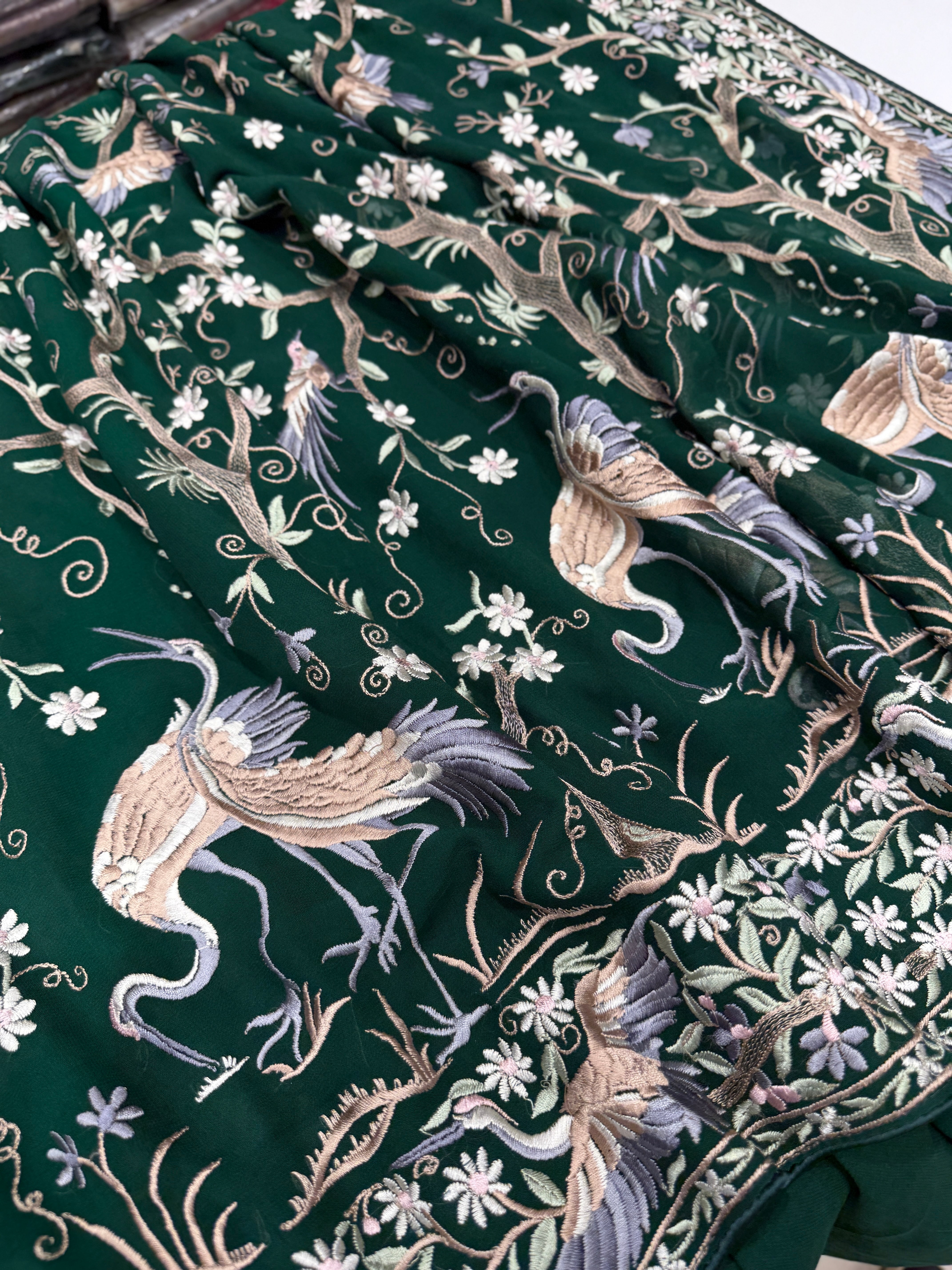 Bottle Green Tree Of Life Flamingo Parsi Gara Saree