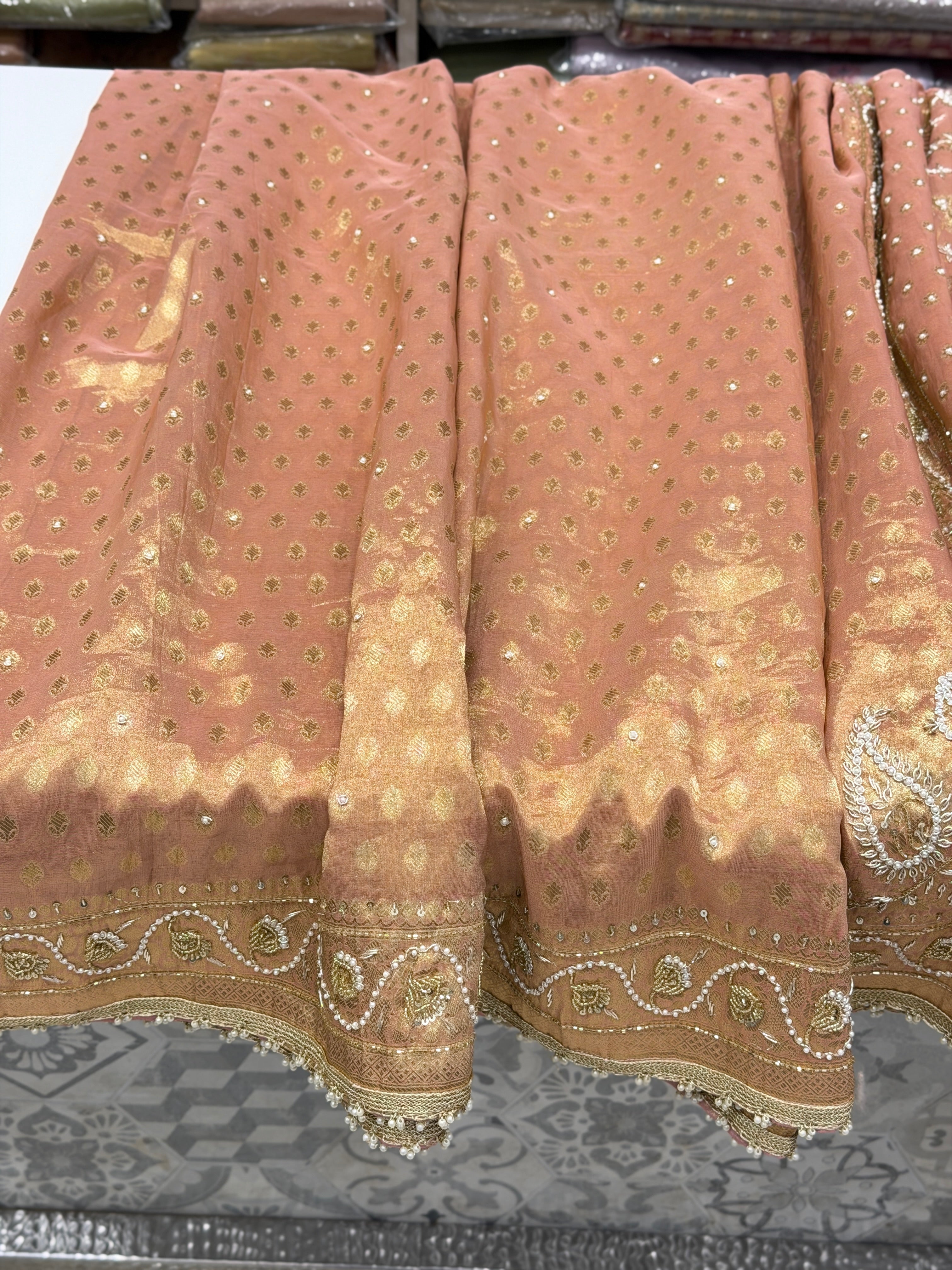Nude Pink Tissue Banarasi Buttis Zardosi Embroidery Saree