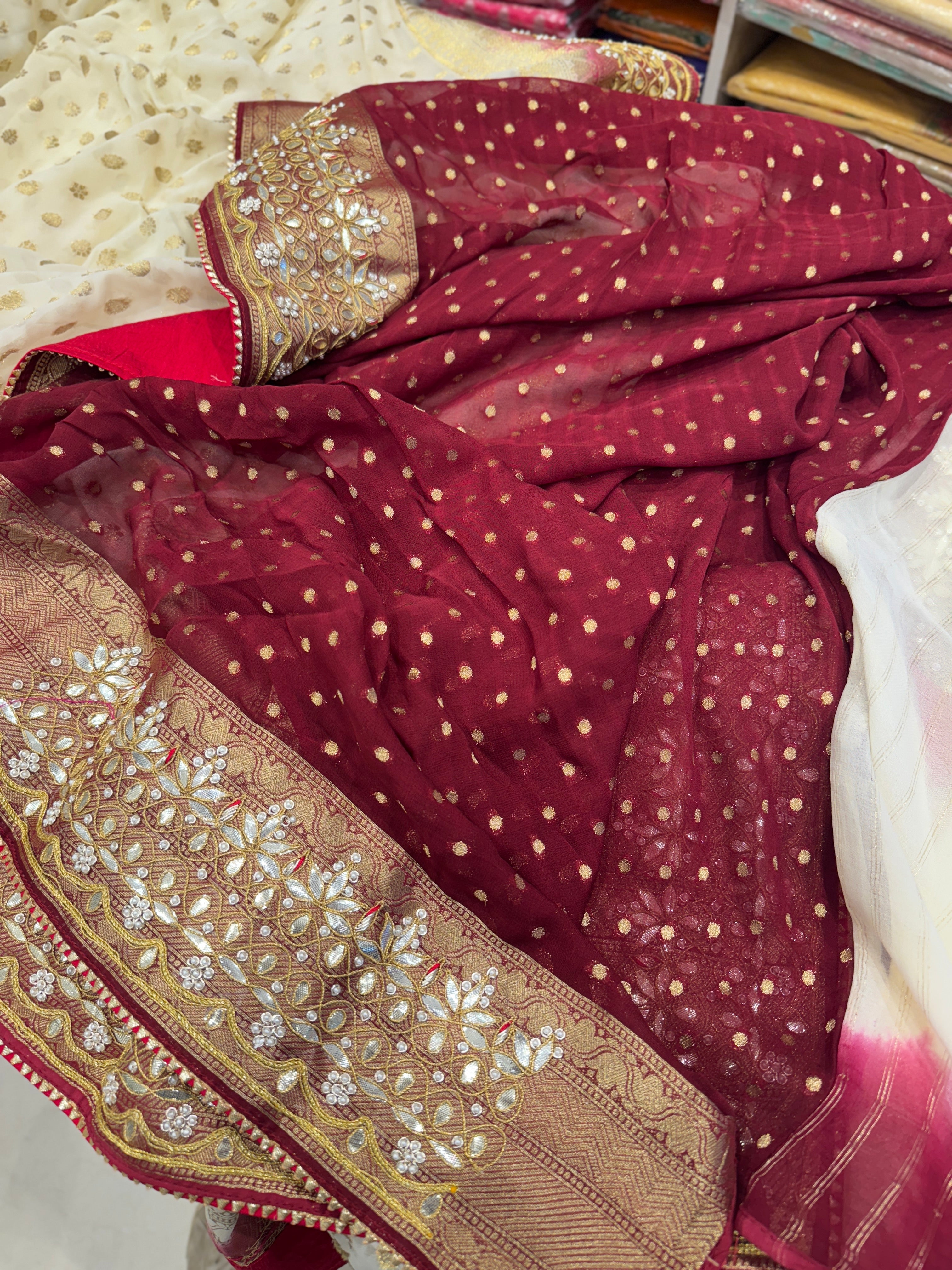 Beige Maroon Buttis Georgette Gotapatti Saree