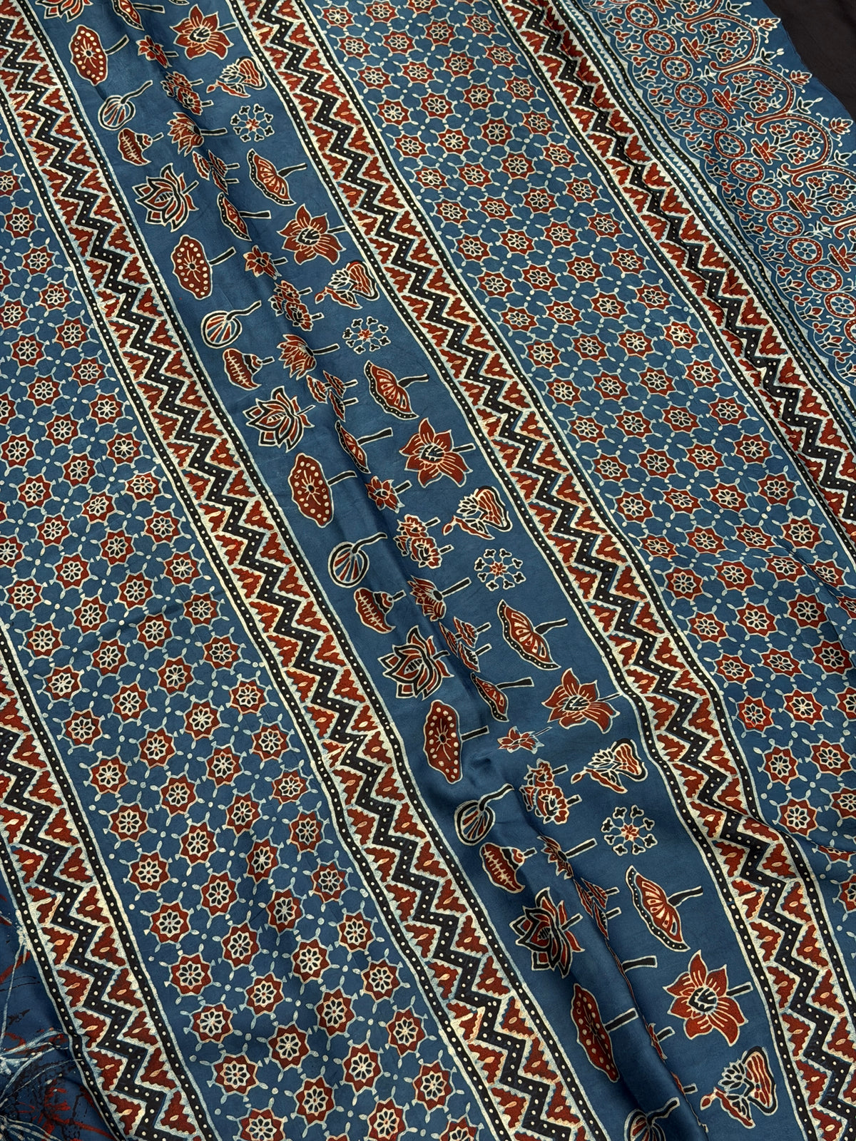 Blue Abstract Ajrakh Hand Block Print Pure Gajji Silk Saree