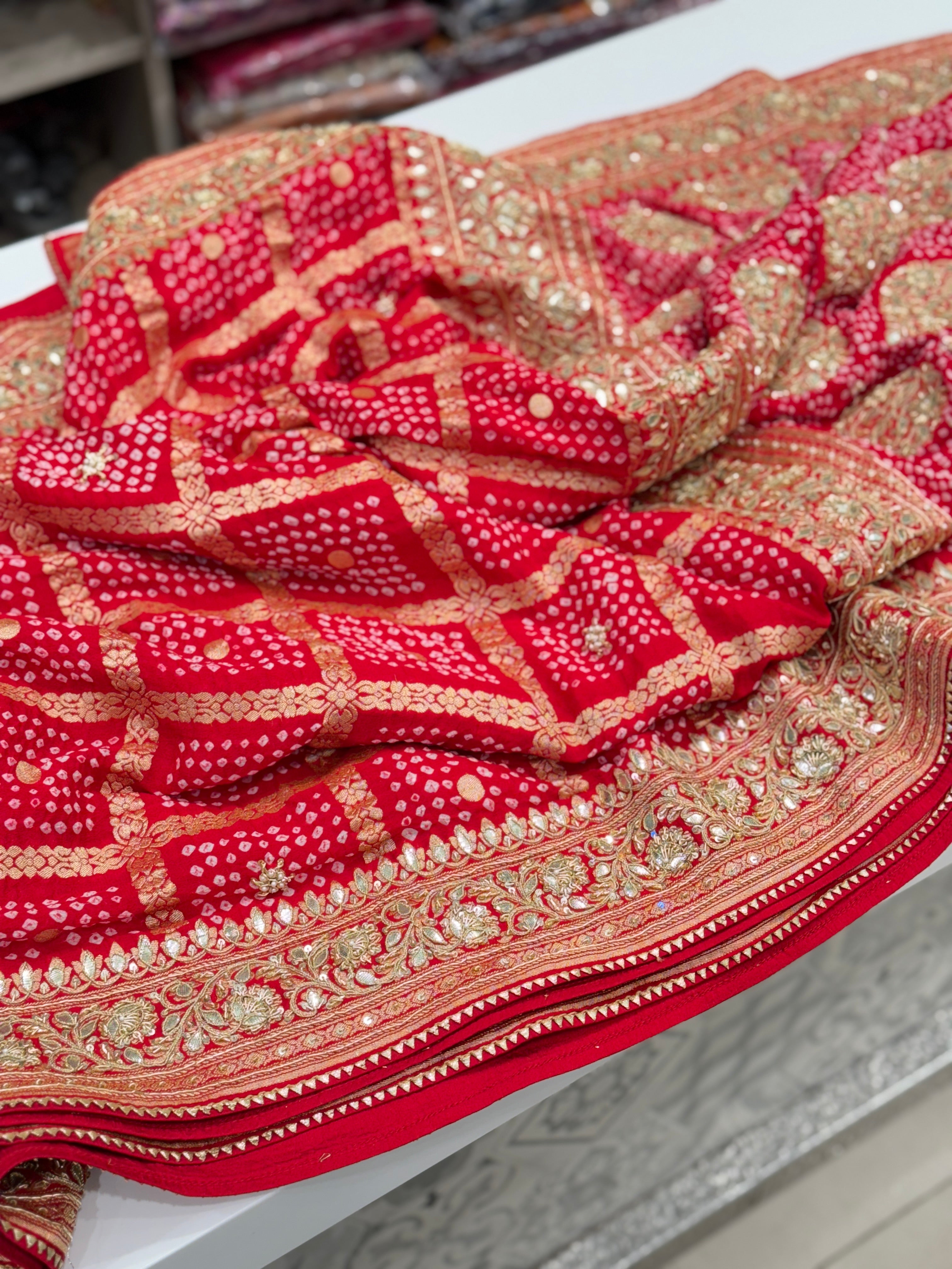 Red Bandhej Zardosi Saree